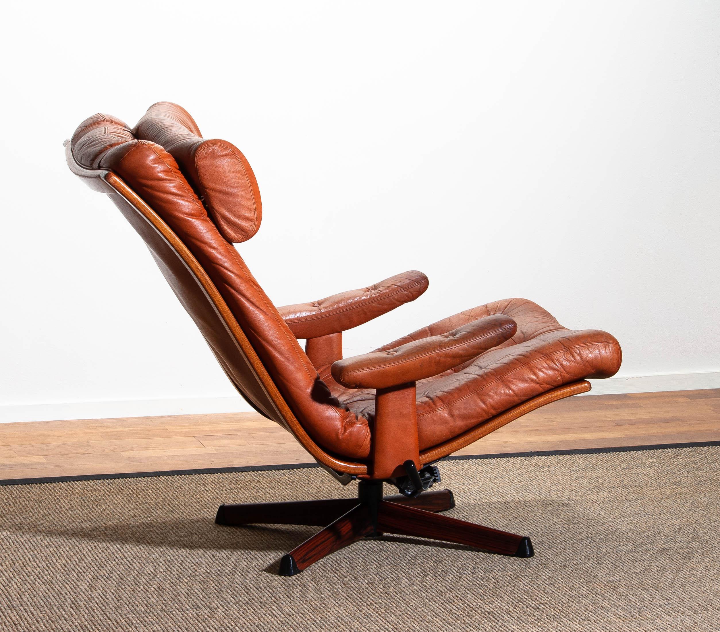 Plywood 1960s, 1 Cognac Leather Swivel / Relax Lounge Easy Chair by Göte Design Nässjö