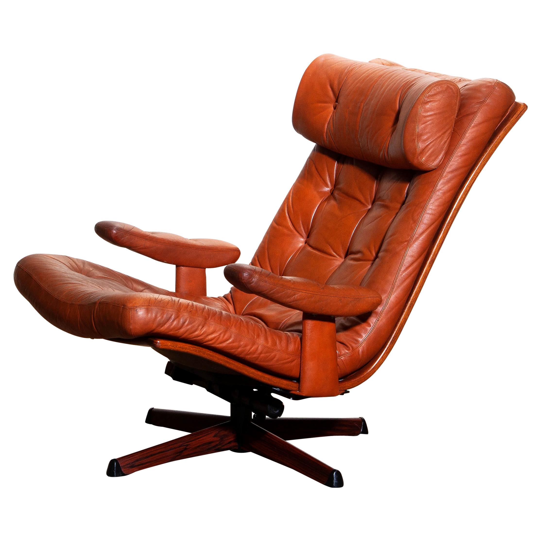 1960s,  Cognac Leather Swivel / Relax Lounge Easy Chair by Göte Design Nässjö 1