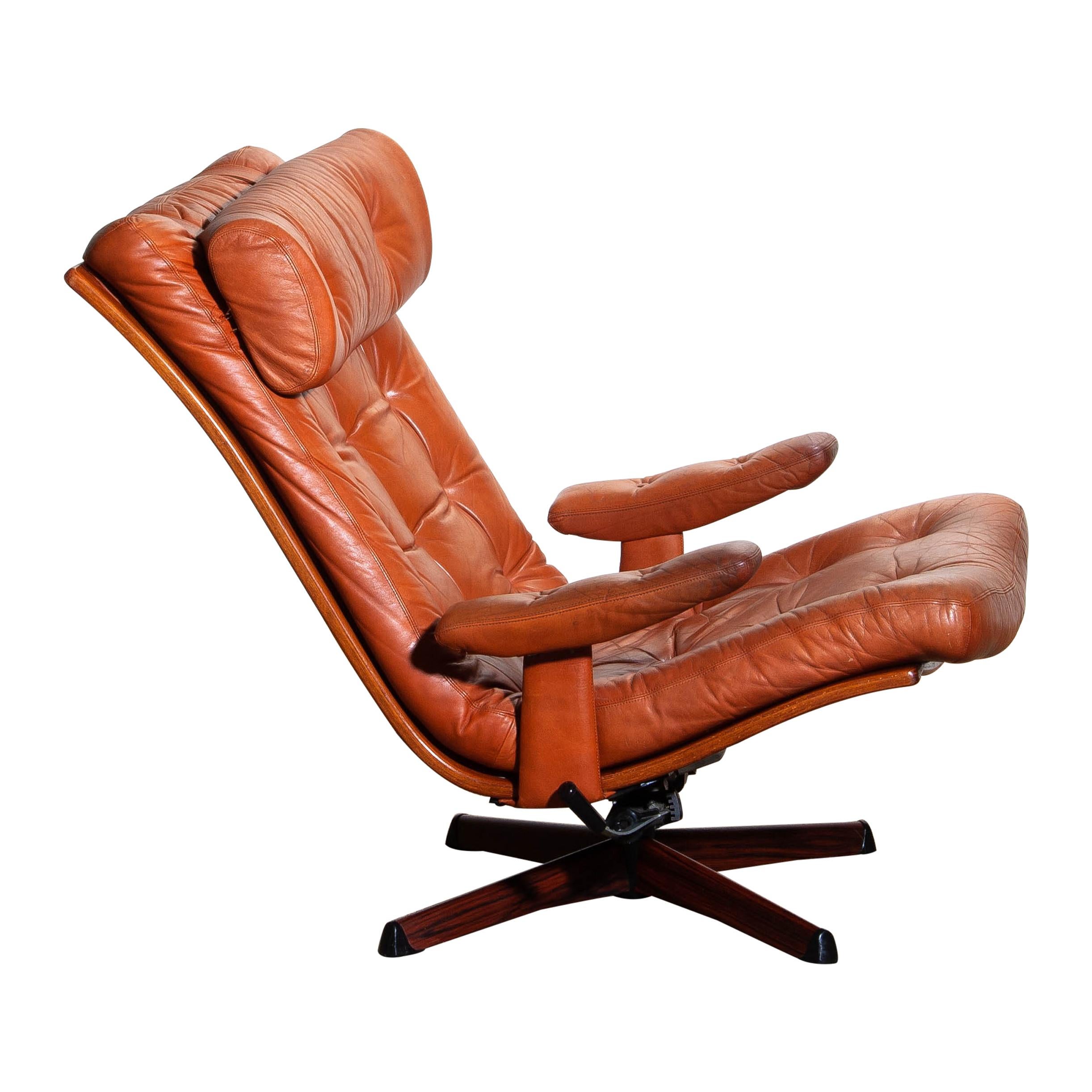 1960s,  Cognac Leather Swivel / Relax Lounge Easy Chair by Göte Design Nässjö 2