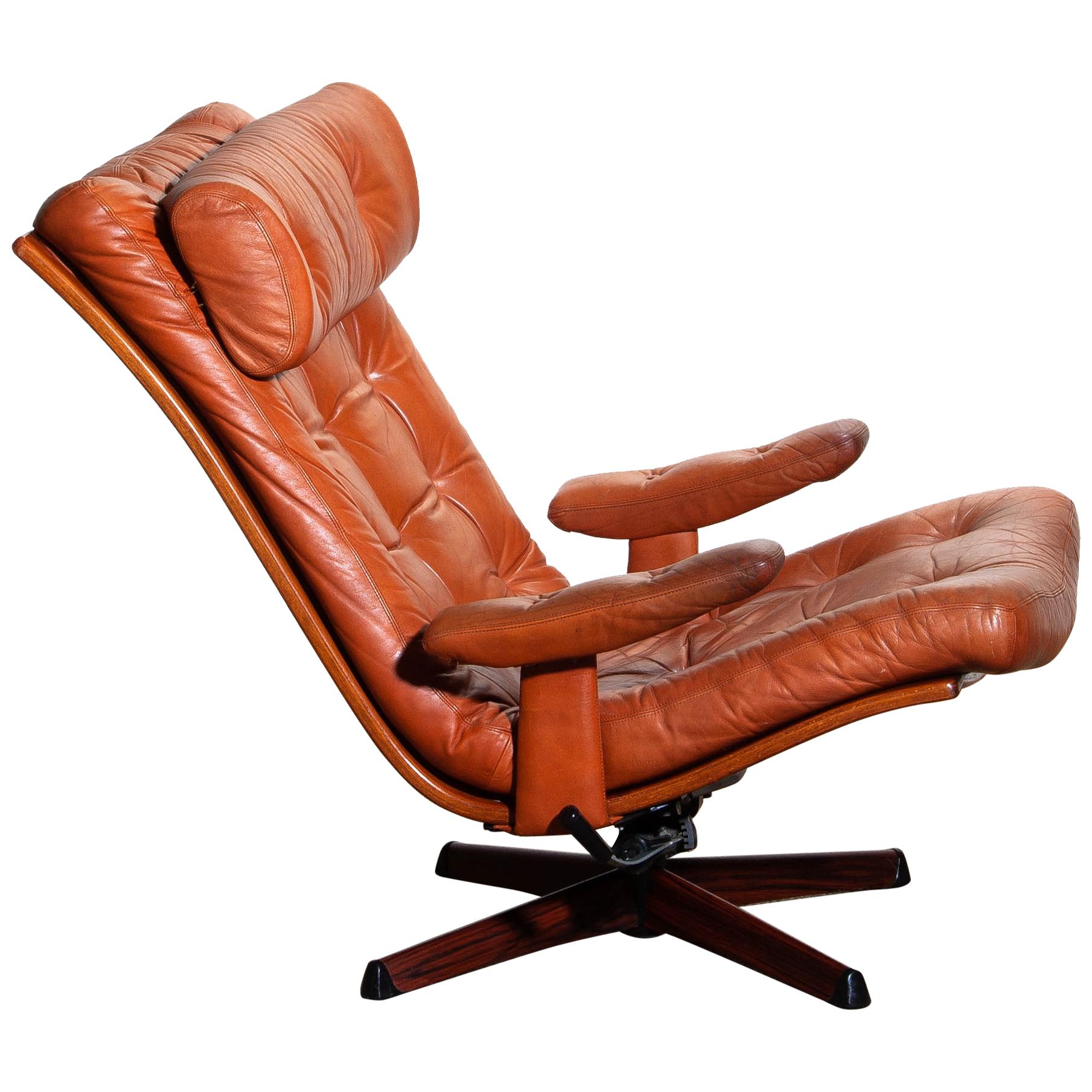 1960s, 1 Cognac Leather Swivel / Relax Lounge Easy Chair by Göte Design Nässjö