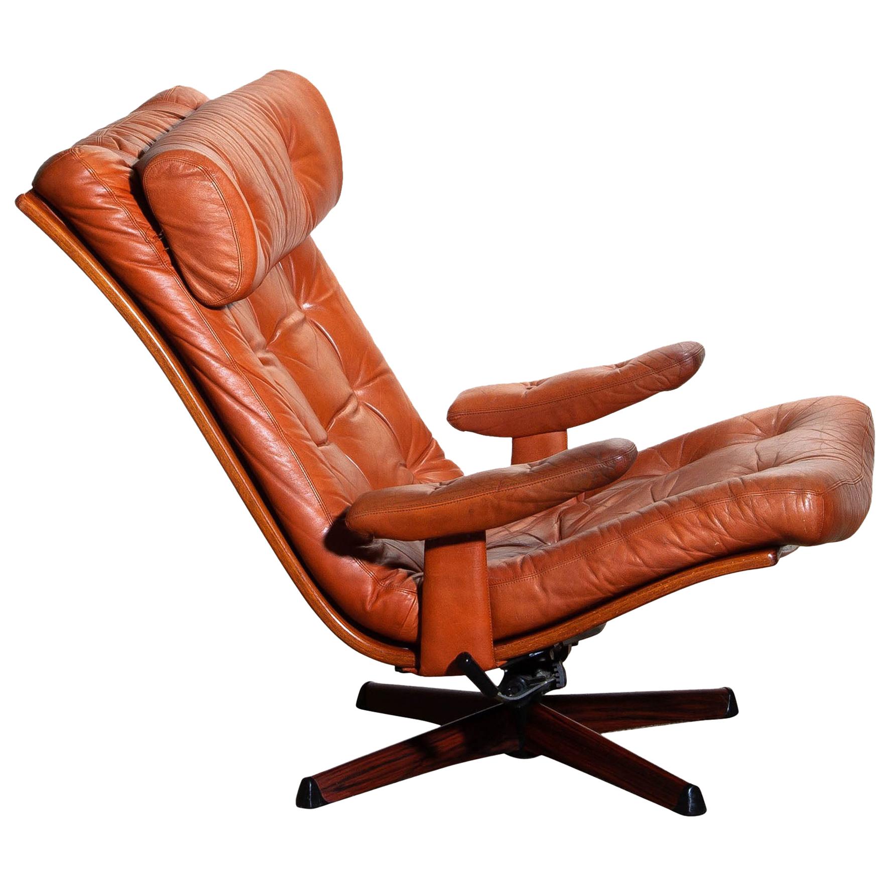 1960s, 1 Cognac Leather Swivel or Relax Lounge Easy Chair by Göte Design Nässjö