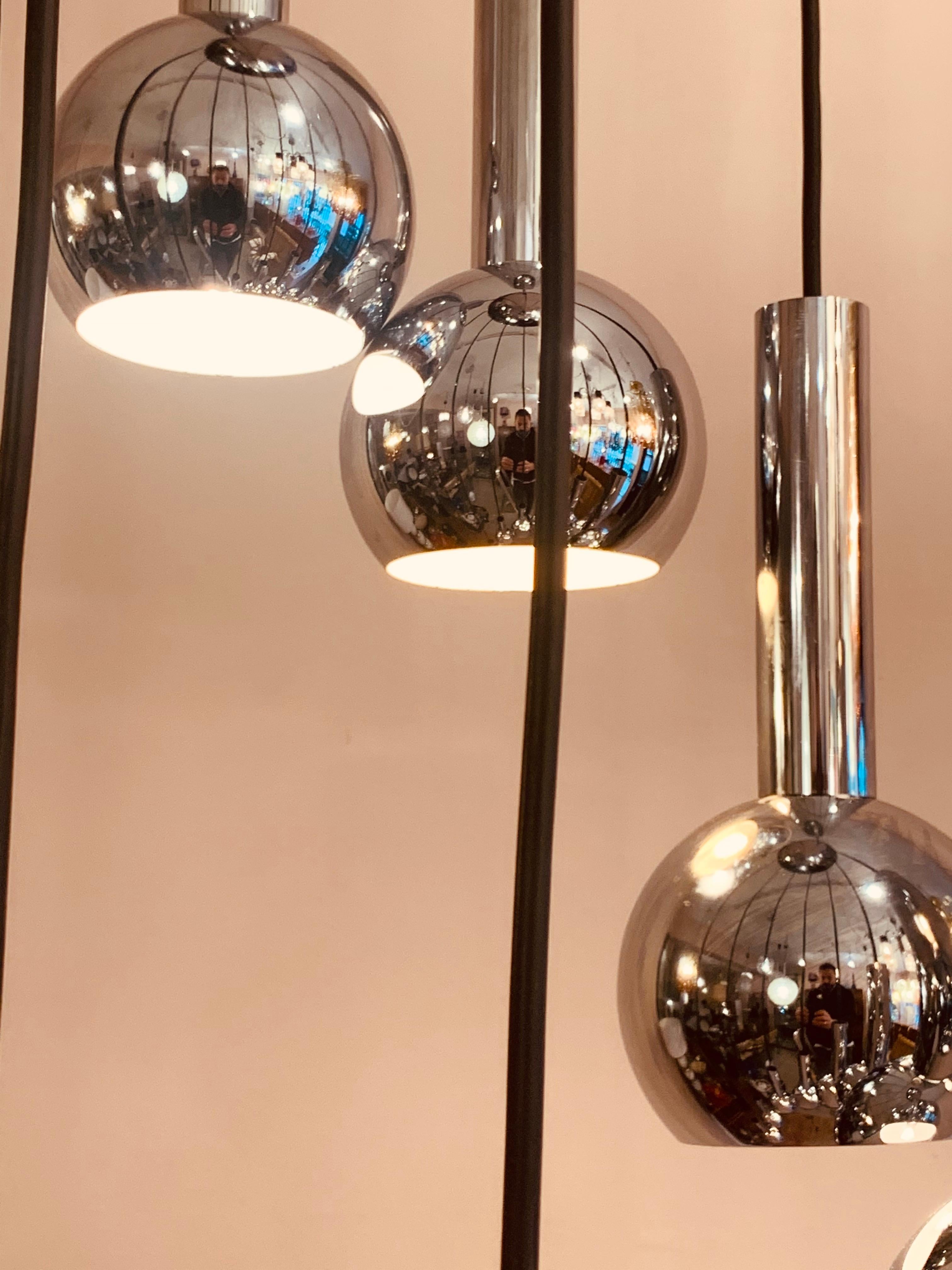 1960s 10 Chrome Ball Shade Cascading Pendant Hanging Light Chandelier 2