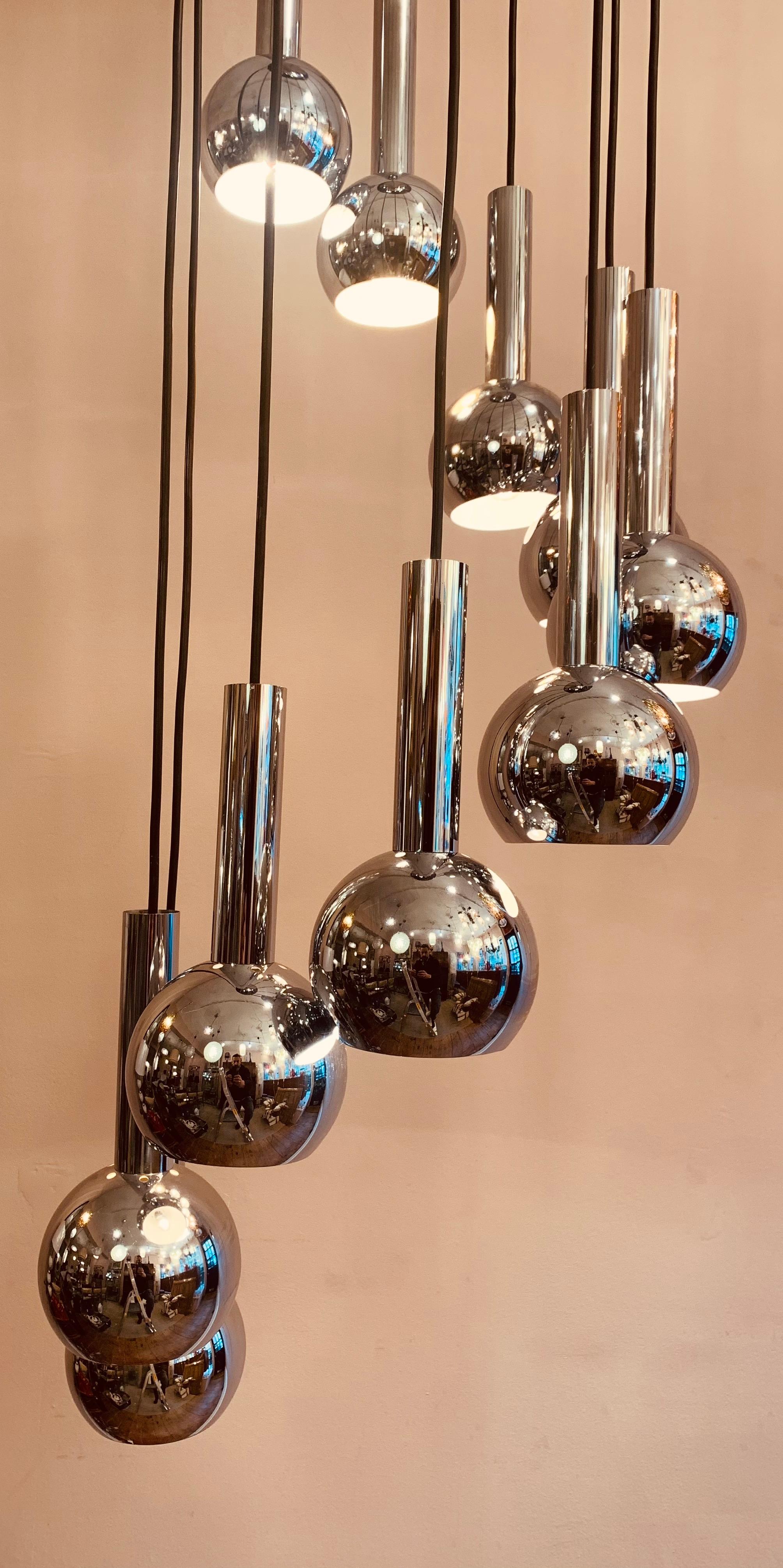 1960s 10 Chrome Ball Shade Cascading Pendant Hanging Light Chandelier 3