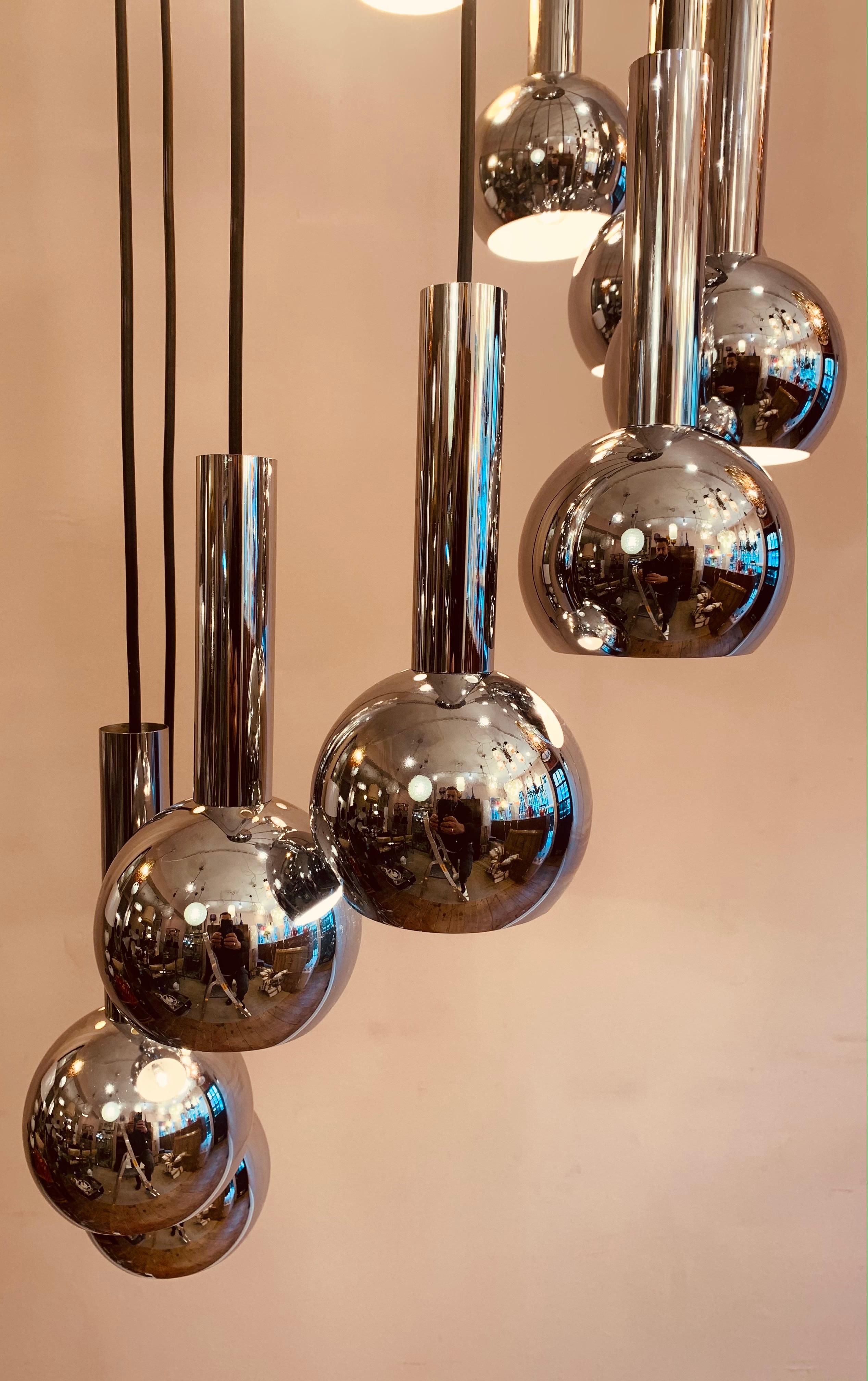 1960s 10 Chrome Ball Shade Cascading Pendant Hanging Light Chandelier 4