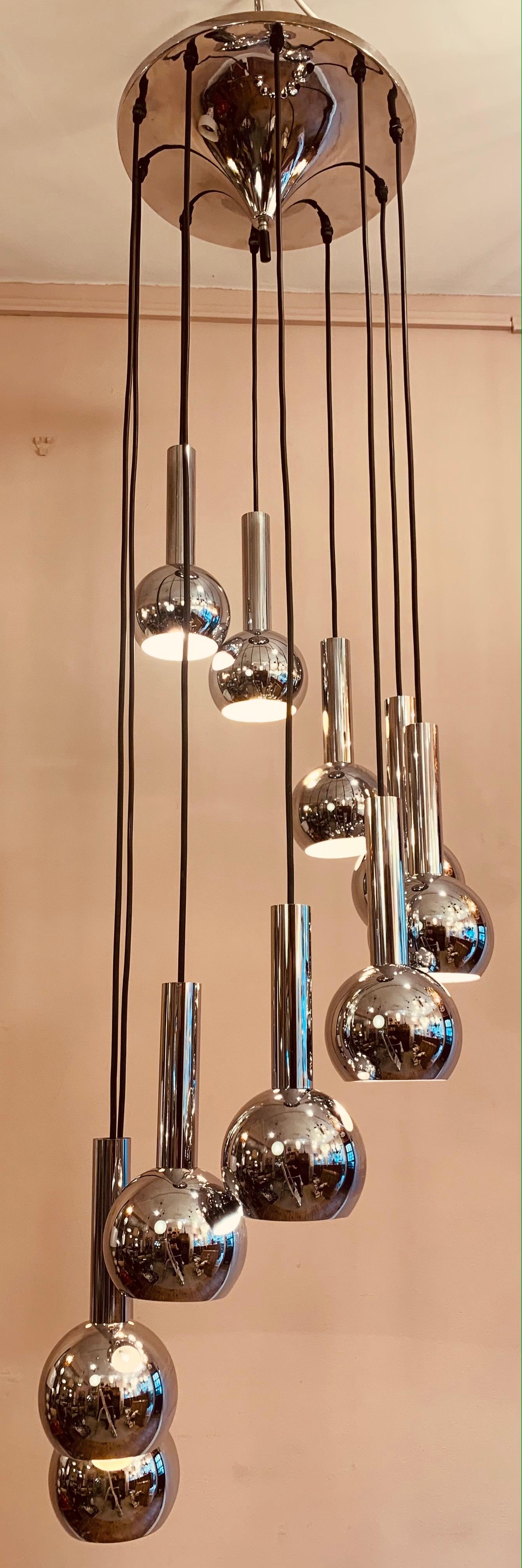1960s 10 Chrome Ball Shade Cascading Pendant Hanging Light Chandelier 5
