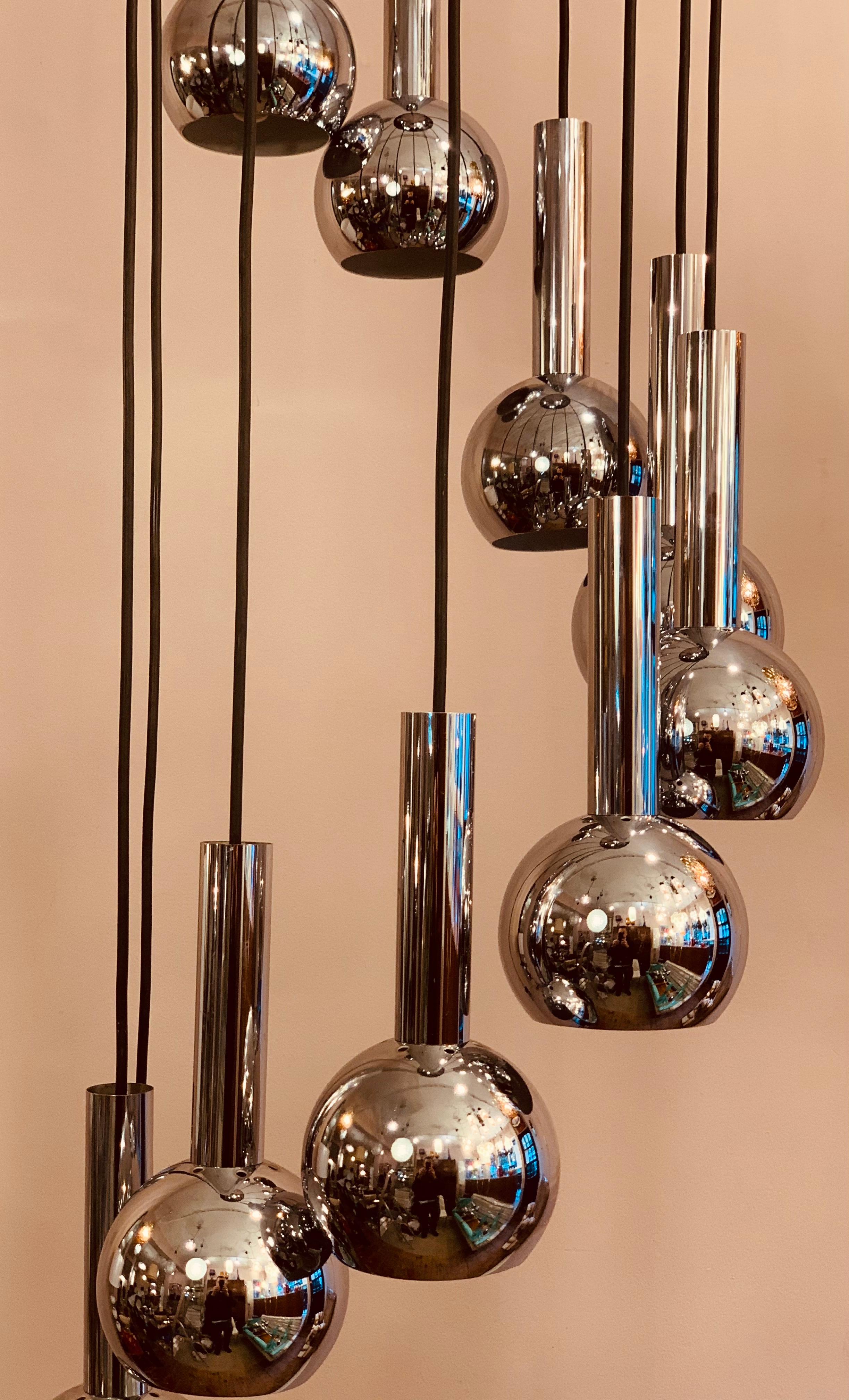 1960s 10 Chrome Ball Shade Cascading Pendant Hanging Light Chandelier 6