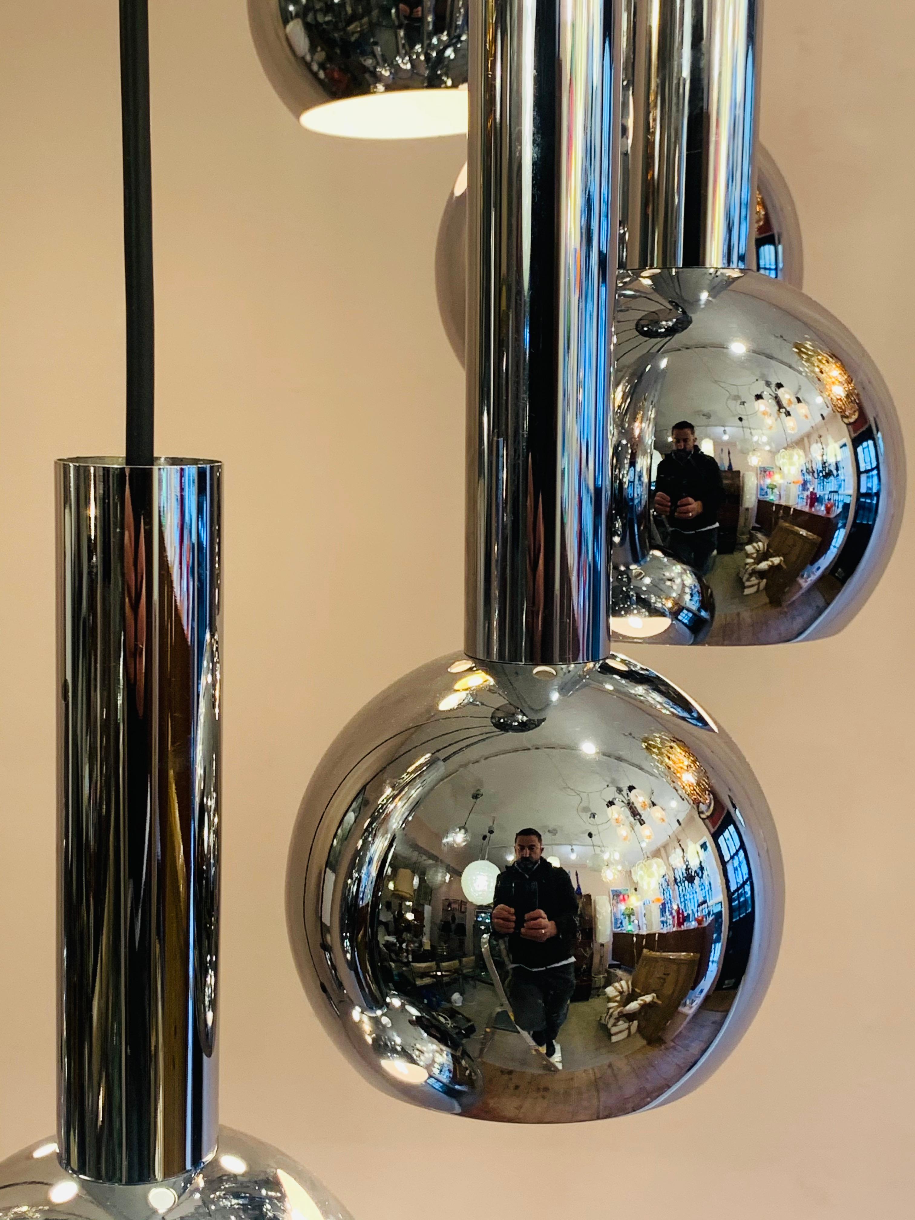 1960s 10 Chrome Ball Shade Cascading Pendant Hanging Light Chandelier 1