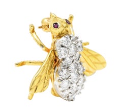 1960's 1.00 Carat Diamond Ruby 14 Karat Two-Tone Gold Bug Vintage Brooch