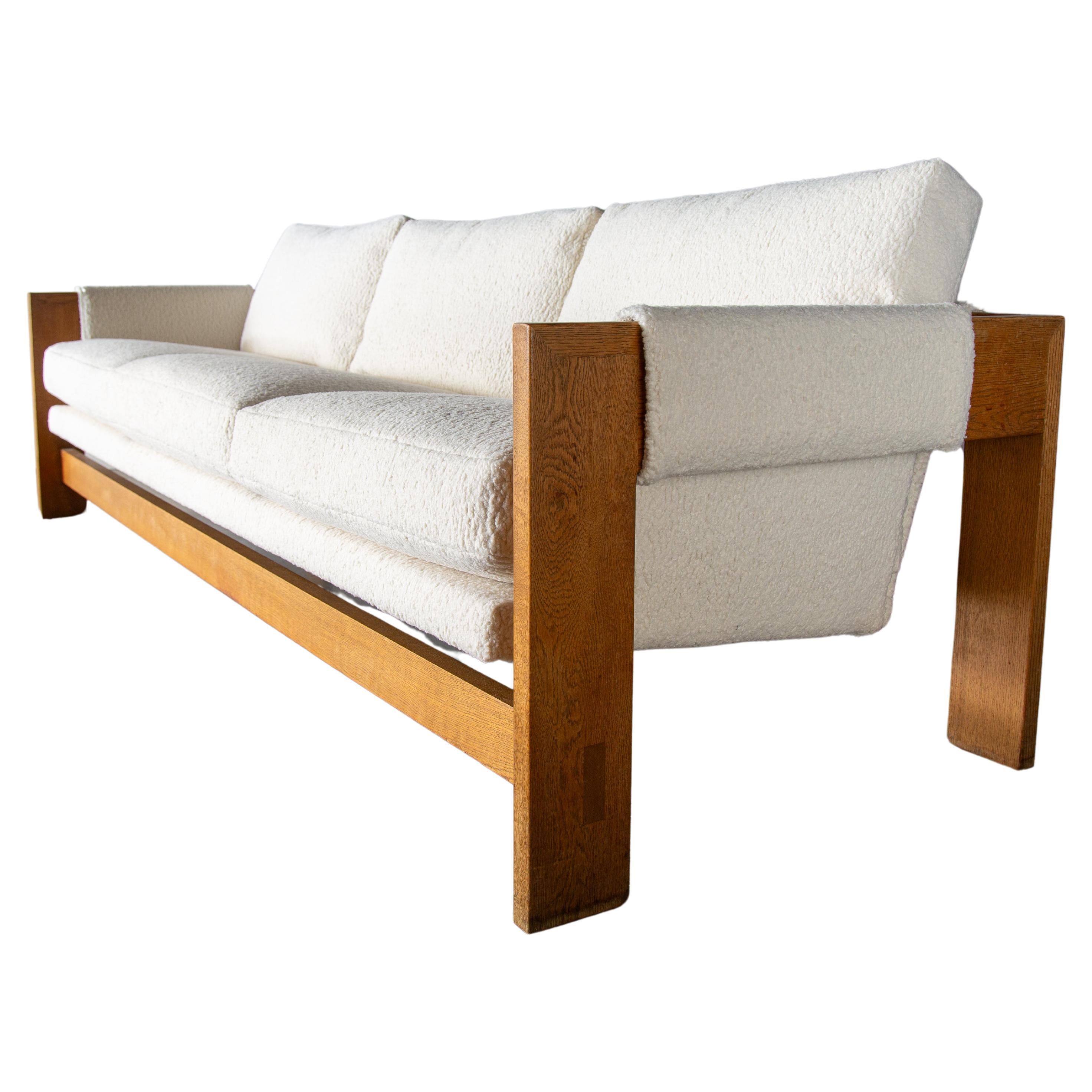 1960s 100" Sling Sofa by Jules Heumann for Metropolitan Furniture Oak and Boucle For Sale