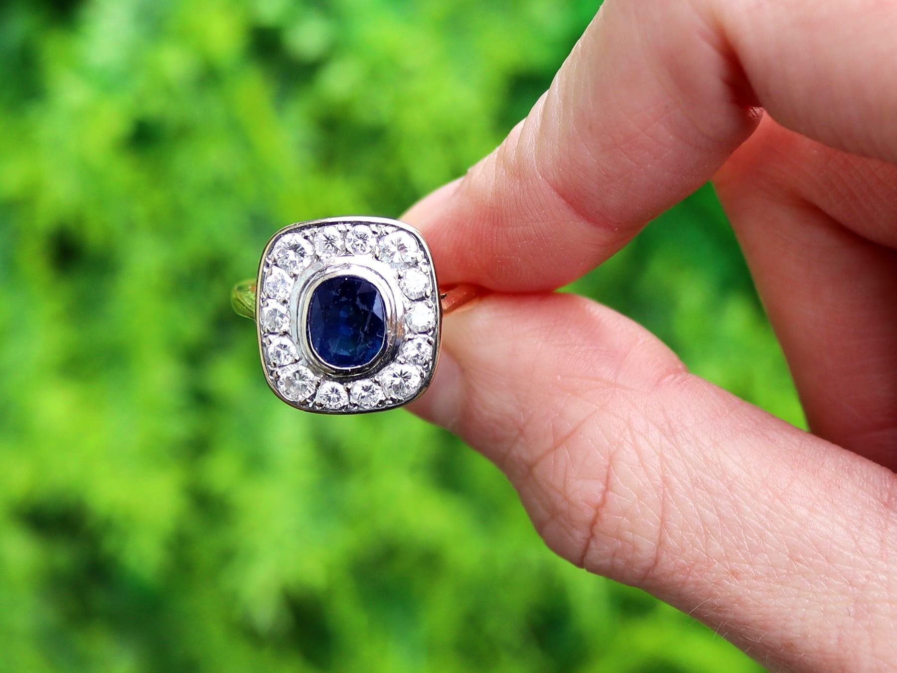 A fine and impressive vintage French 1.02 carat natural blue sapphire and 1.13 carat diamond, 18k yellow gold, 18k white gold set dress ring; part of our vintage jewelry and estate jewelry collections.

This impressive French vintage cluster ring
