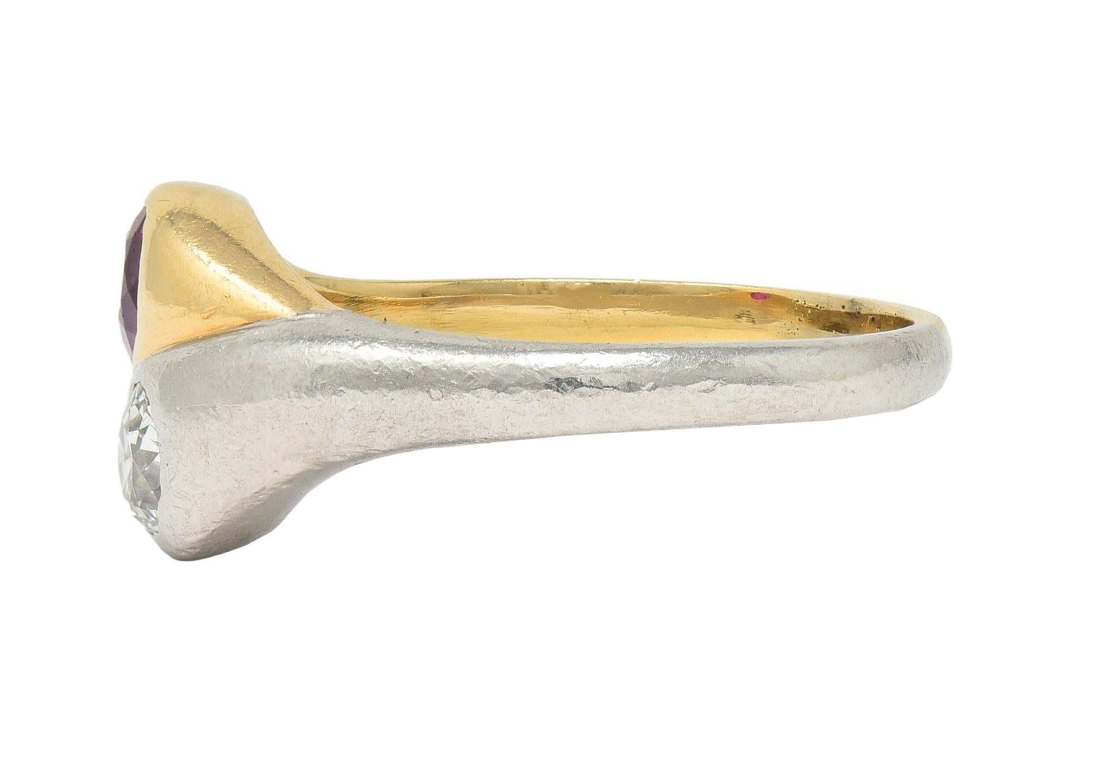 Women's or Men's 1960's 1.03 CTW Ruby Diamond Platinum 14 Karat Gold Vintage Toi-Et-Moi Ring For Sale