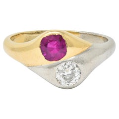Anillo Toi-Et-Moi Vintage Oro 14 Kilates Platino Rubí Diamante 1,03 CTW Años 60