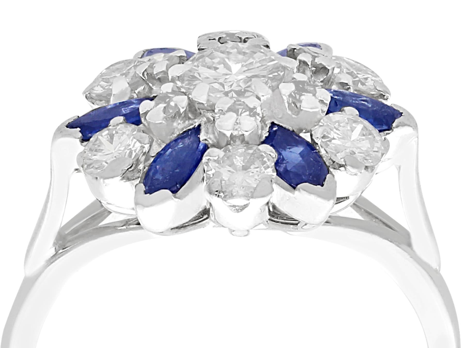 Marquise Cut 1960s 1.10 Carat Sapphire 1.20 Carat Diamond Gold Cluster Ring For Sale