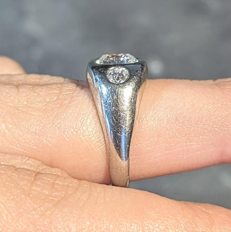 1960s 1.11 CTW Old Mine Cut Diamond Platinum Vintage Three Stone Ring For Sale 5