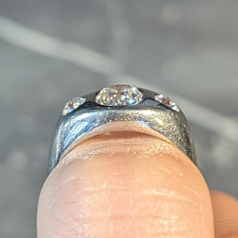 1960s 1.11 CTW Old Mine Cut Diamond Platinum Vintage Three Stone Ring For Sale 6