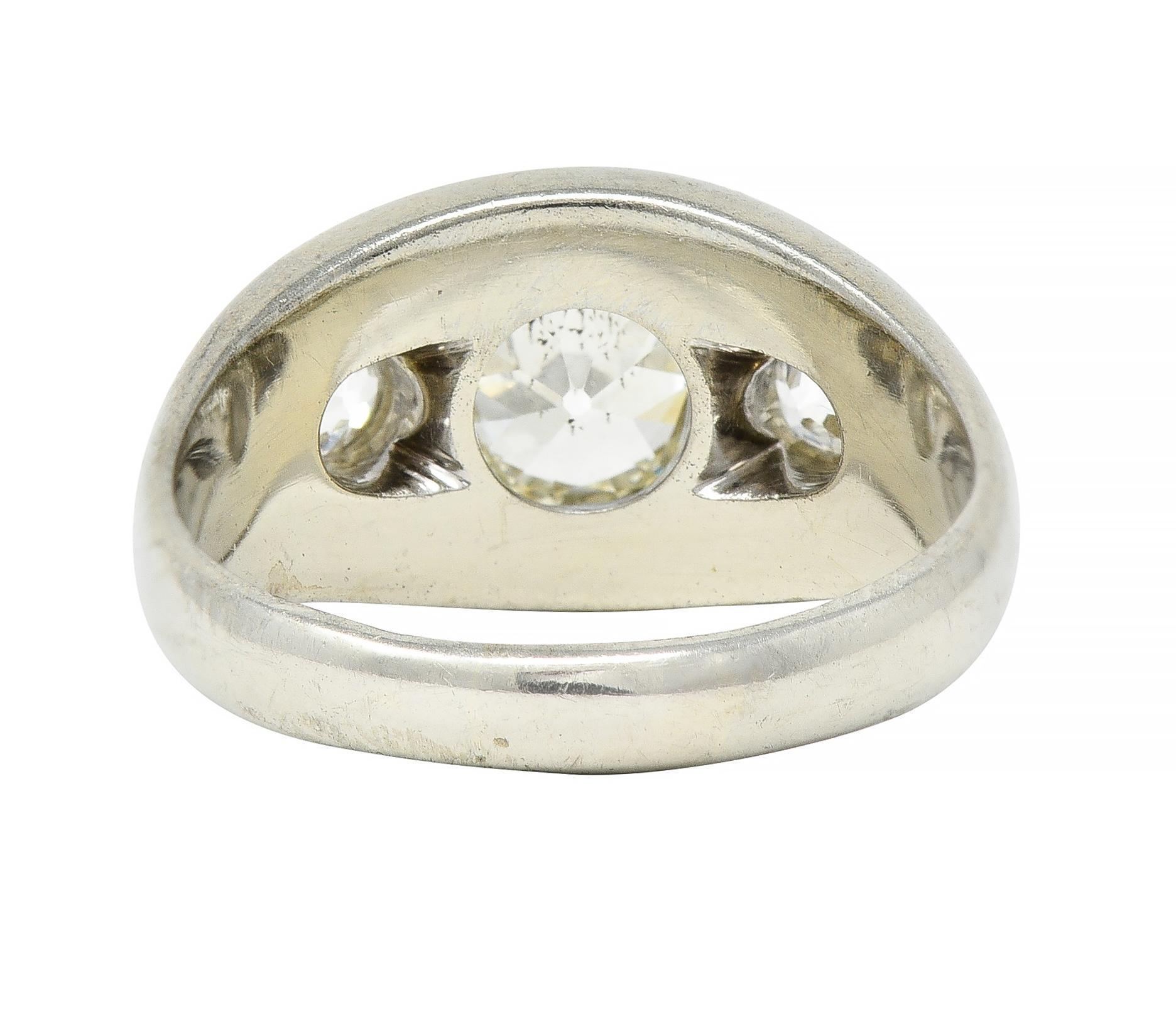 Cushion Cut 1960s 1.11 CTW Old Mine Cut Diamond Platinum Vintage Three Stone Ring For Sale