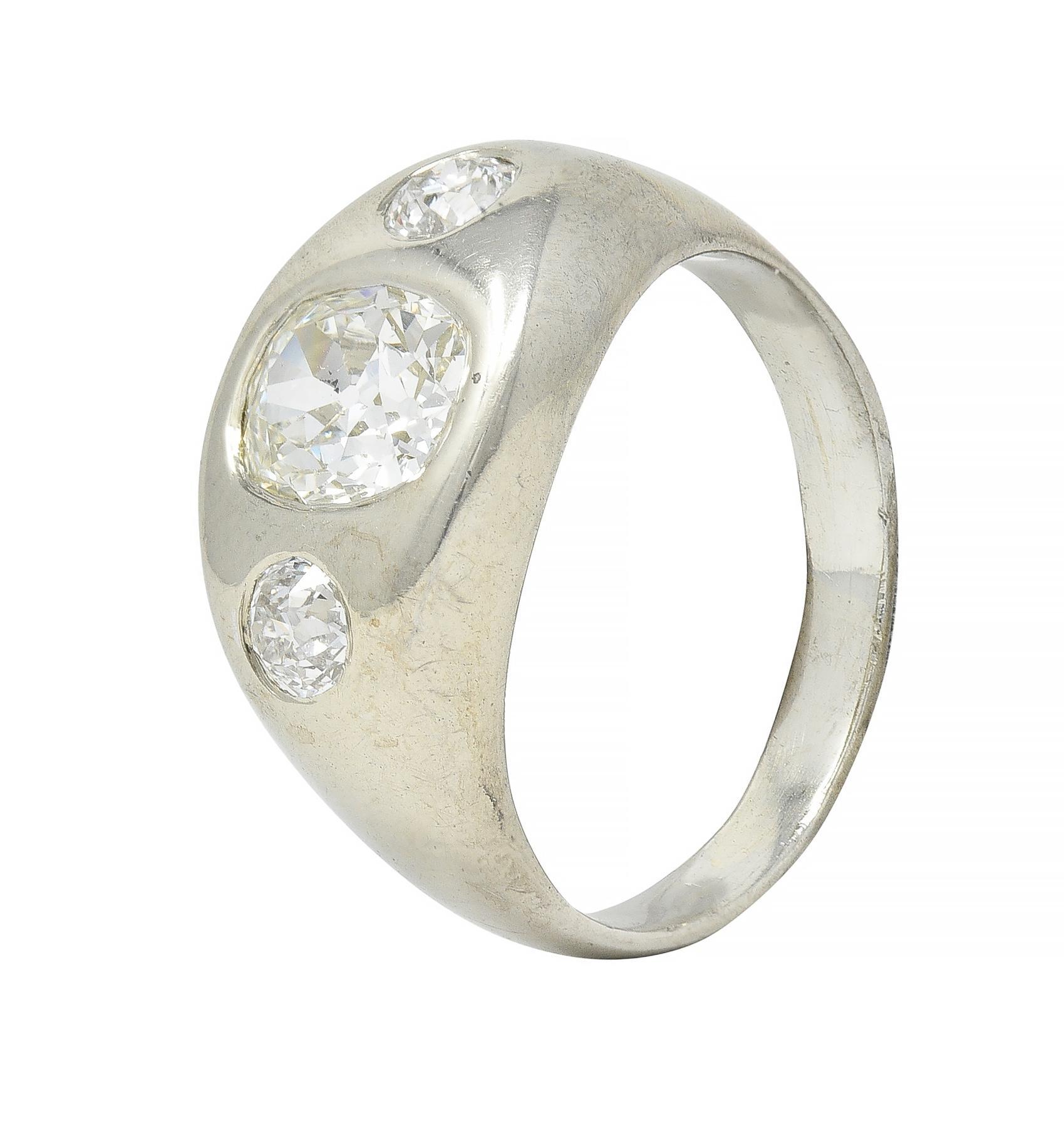 1960s 1.11 CTW Old Mine Cut Diamond Platinum Vintage Three Stone Ring For Sale 1