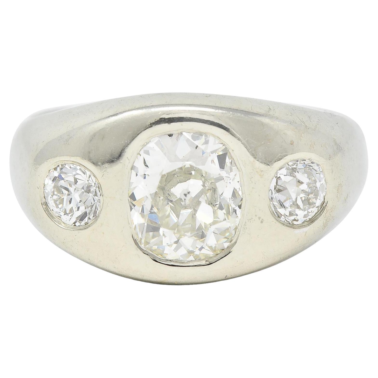 1960s 1.11 CTW Old Mine Cut Diamond Platinum Vintage Three Stone Ring For Sale