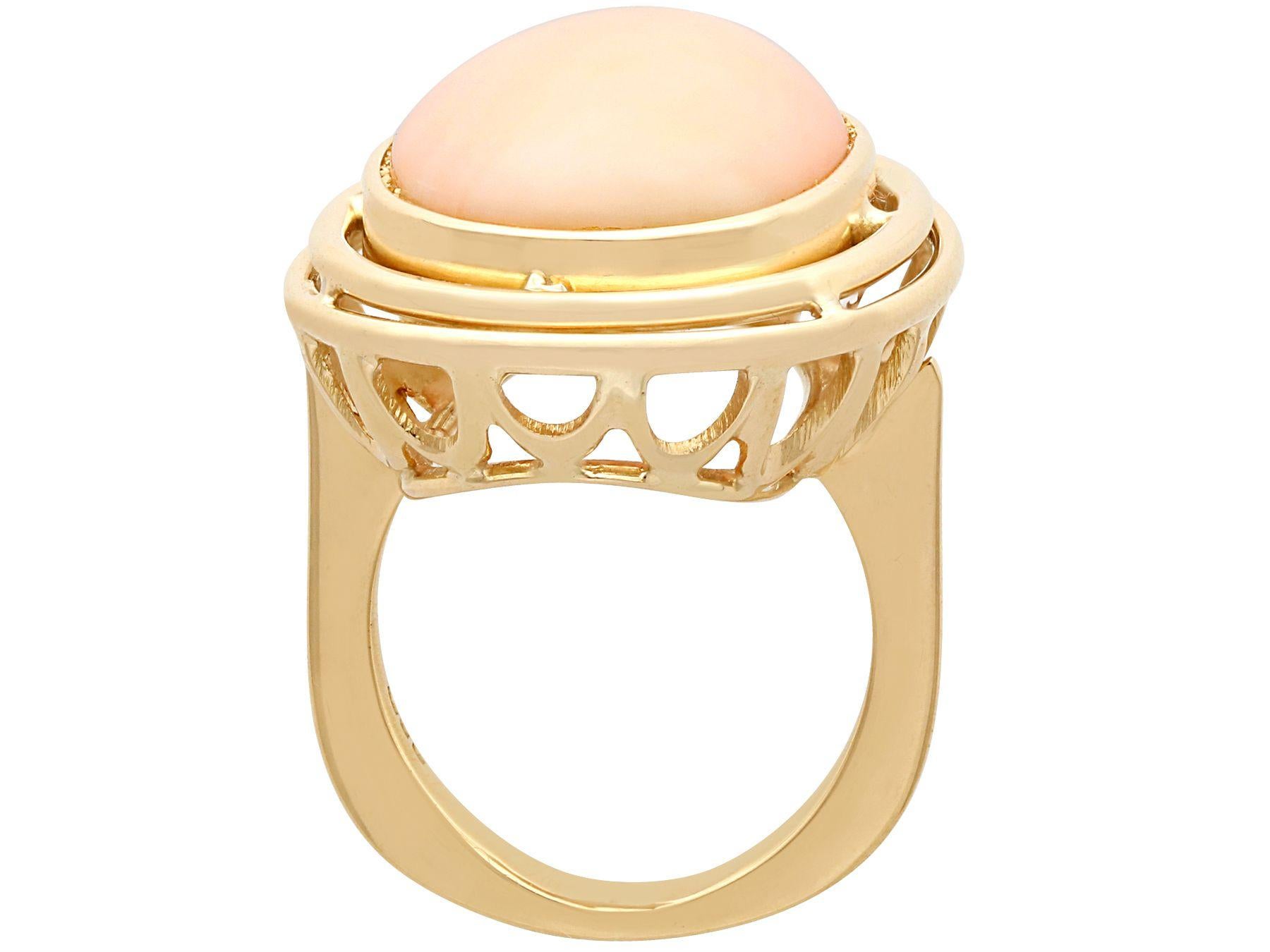 Women's or Men's 1960s 13.98 Carat Cabochon Cut Coral and Yellow Gold Cocktail Ring For Sale