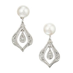 1960's .14 Carat Diamond Akoya Pearl White Gold Dangle Earrings