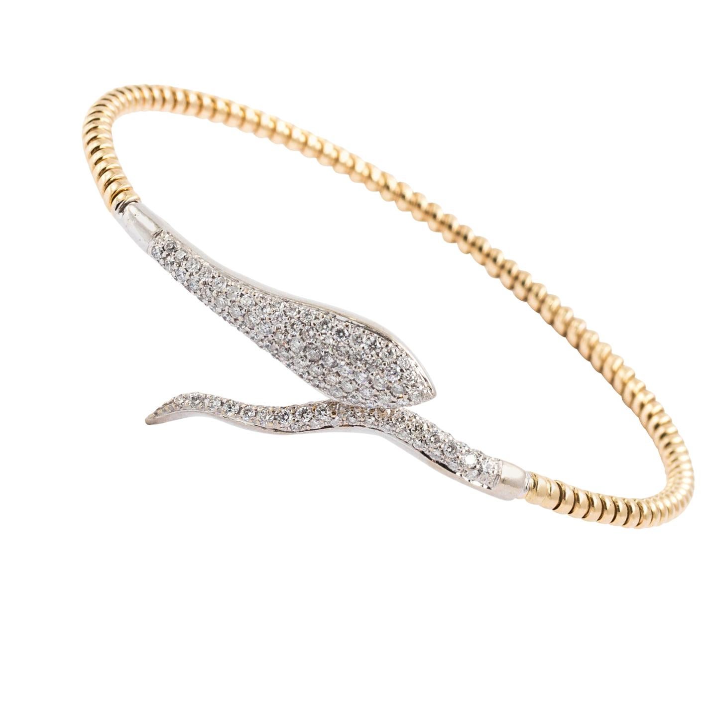 1960s 14 Karat Gold Diamond Snake Bangle Bracelet