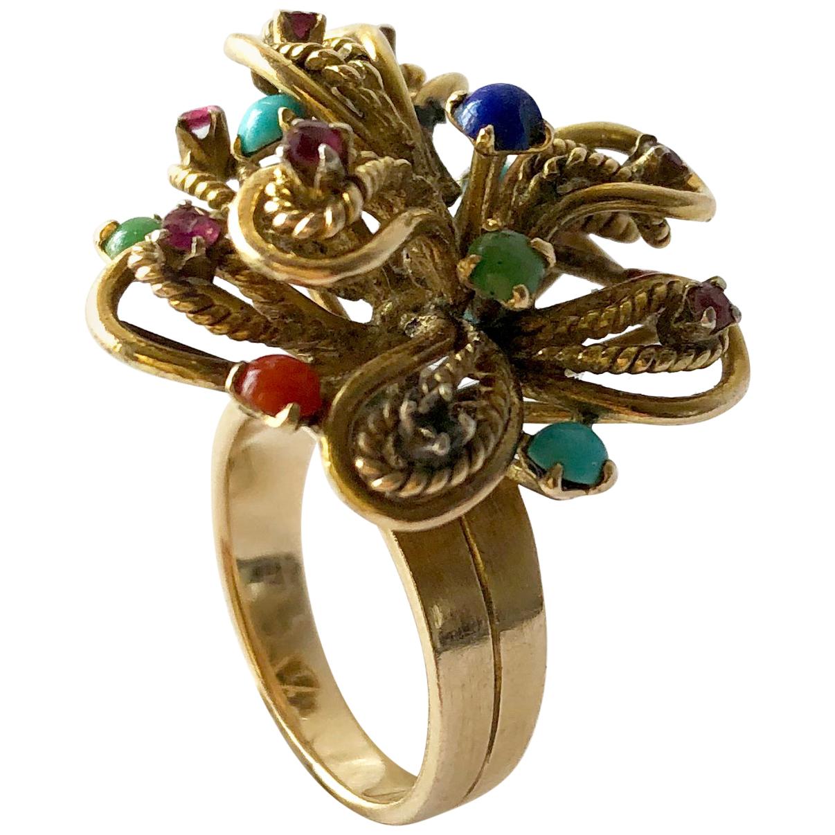 1960er Jahre 14 Karat Gold Granat Türkis Lapis Multi Edelstein Blume Cocktail Ring
