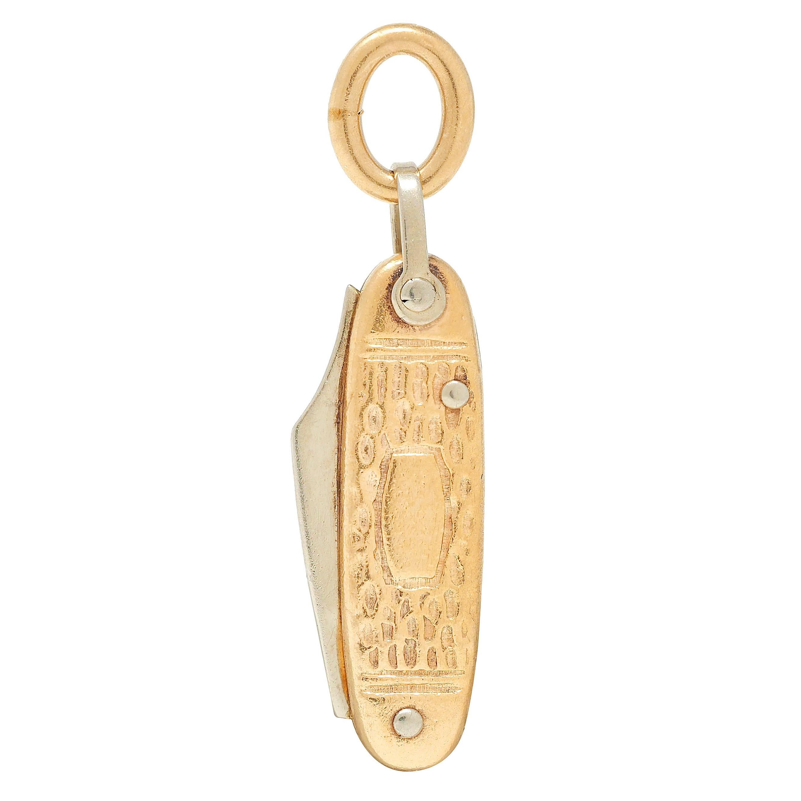 1960er Jahre 14 Karat zweifarbiges Gold Vintage Taschenmesser Anhänger Charme Damen