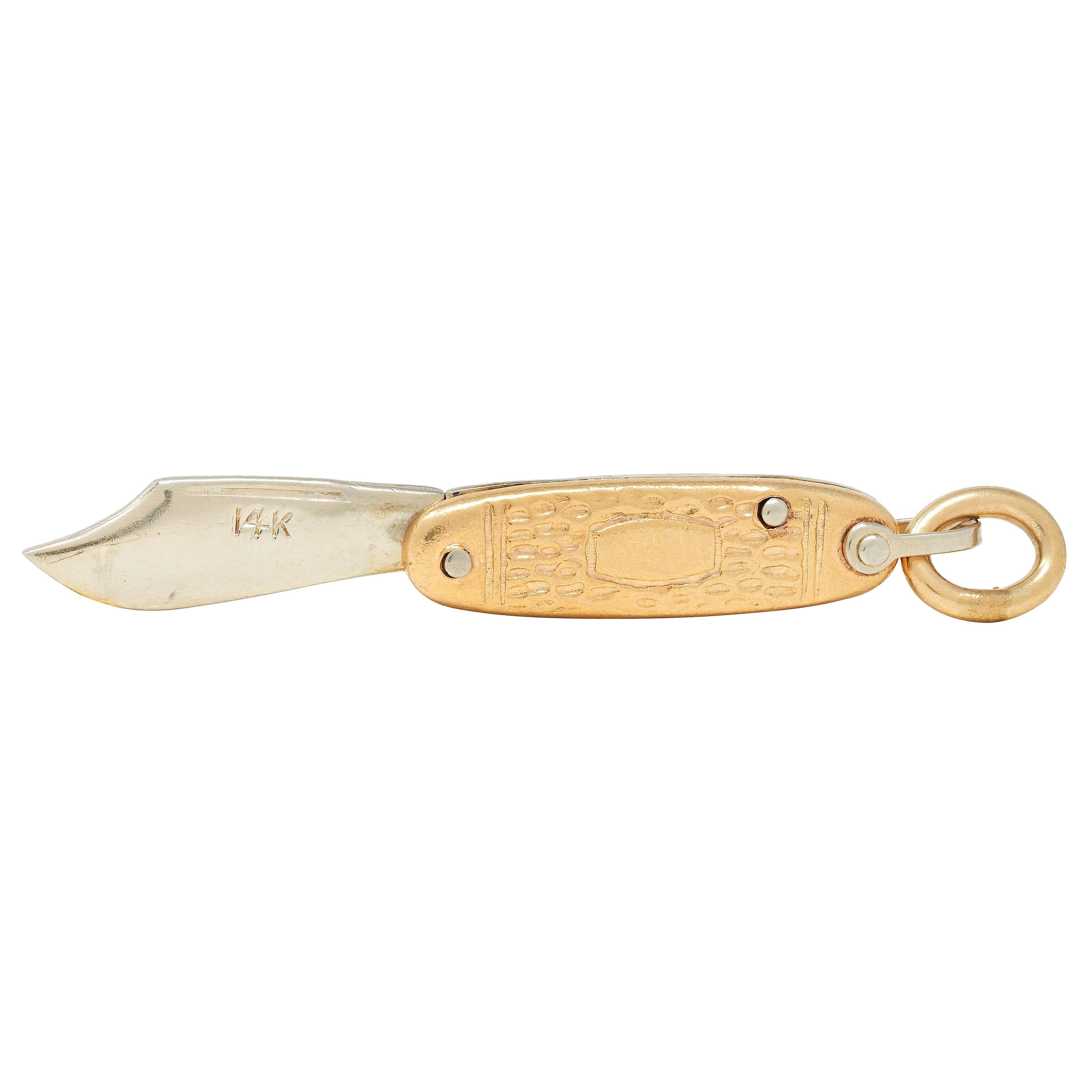 1960er Jahre 14 Karat zweifarbiges Gold Vintage Taschenmesser Anhänger Charme 3