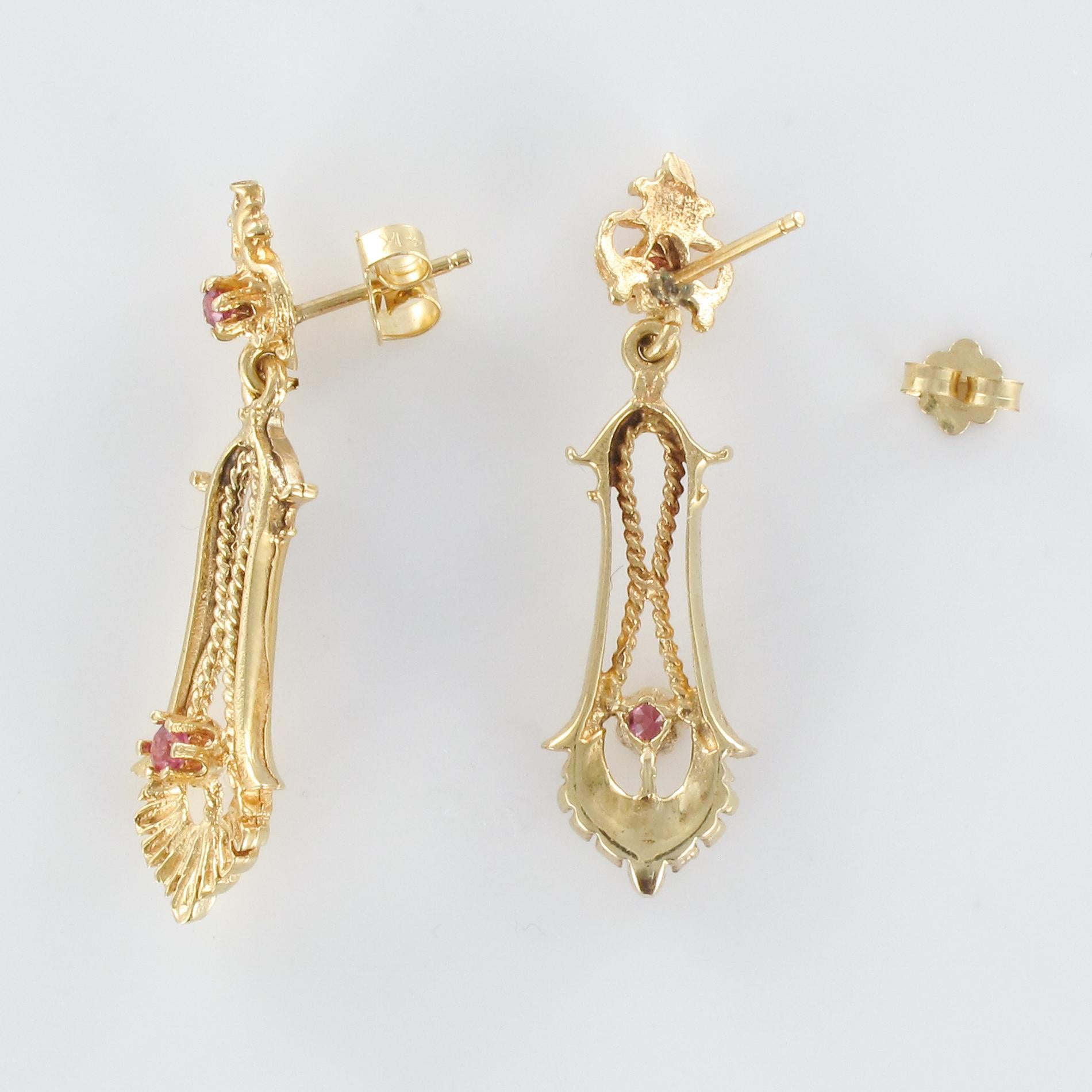 1960s 14 Karat Yellow Gold Pink Stone Dangle Earrings 3