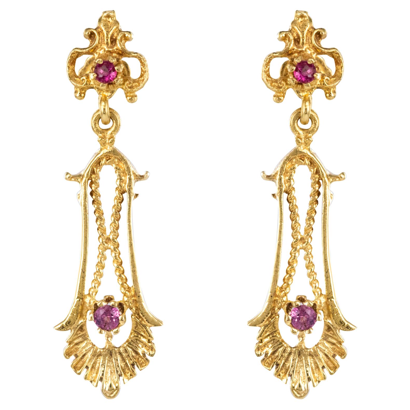 1960s 14 Karat Yellow Gold Pink Stone Dangle Earrings