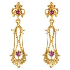 1960s 14 Karat Yellow Gold Pink Stone Dangle Earrings