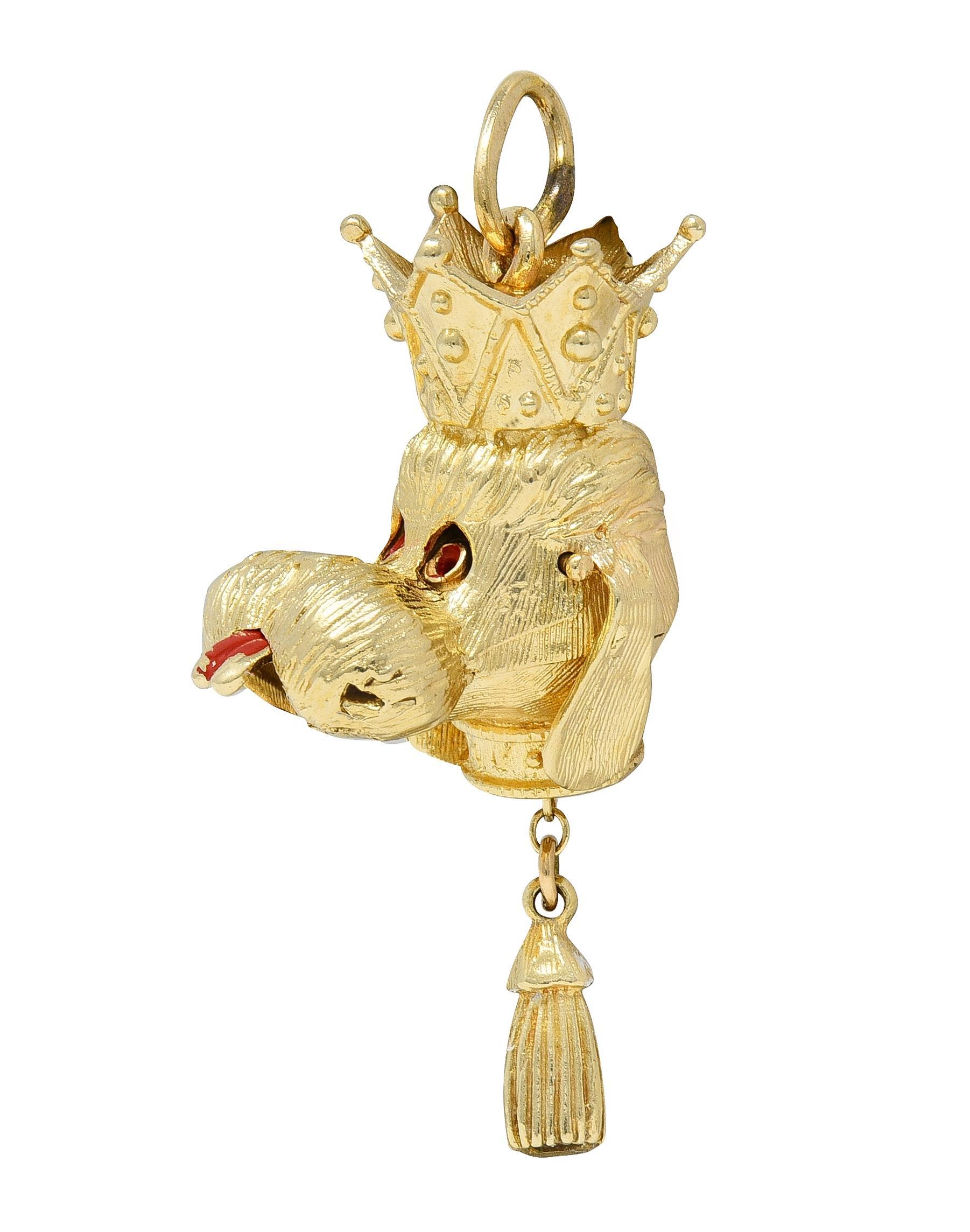 Modern 1960's 14 Karat Yellow Gold Vintage Crowned Dog Pendant Charm For Sale