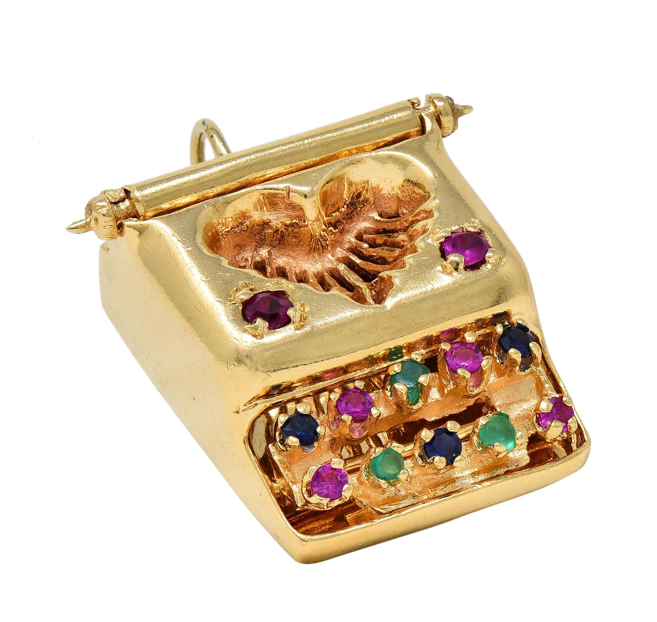 1960's Or jaune 14 carats Pendentif machine à écrire Vintage Heart Charm en vente 1