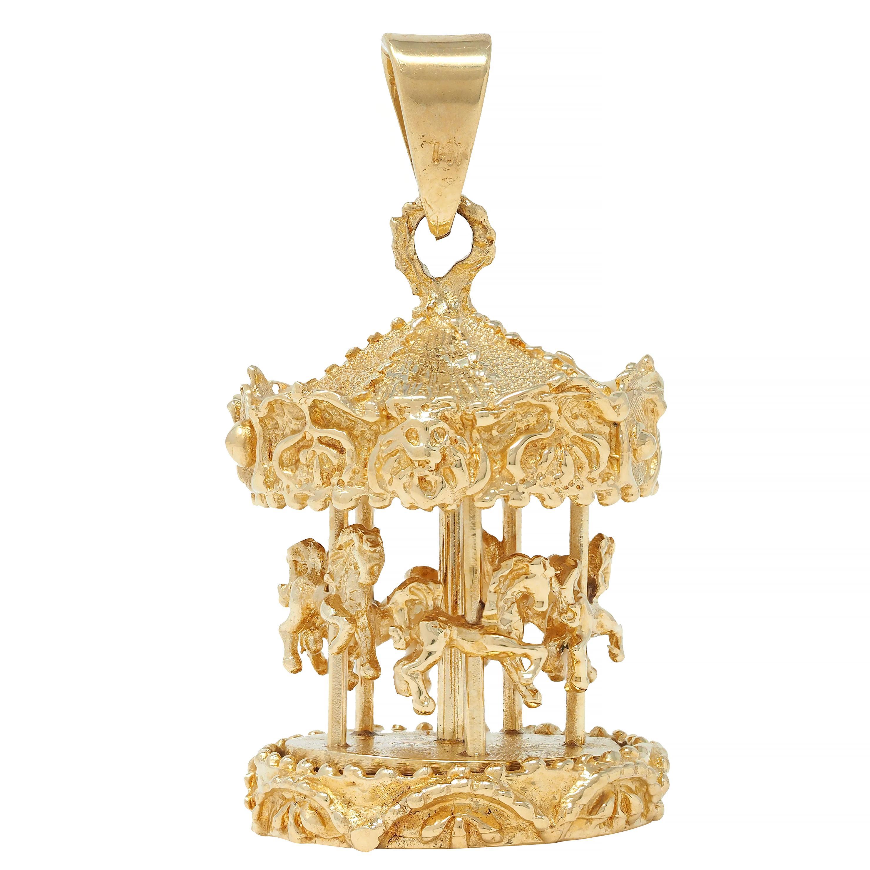 1960's 14 Karat Yellow Gold Vintage Spinning Carousel Pendant In Excellent Condition For Sale In Philadelphia, PA