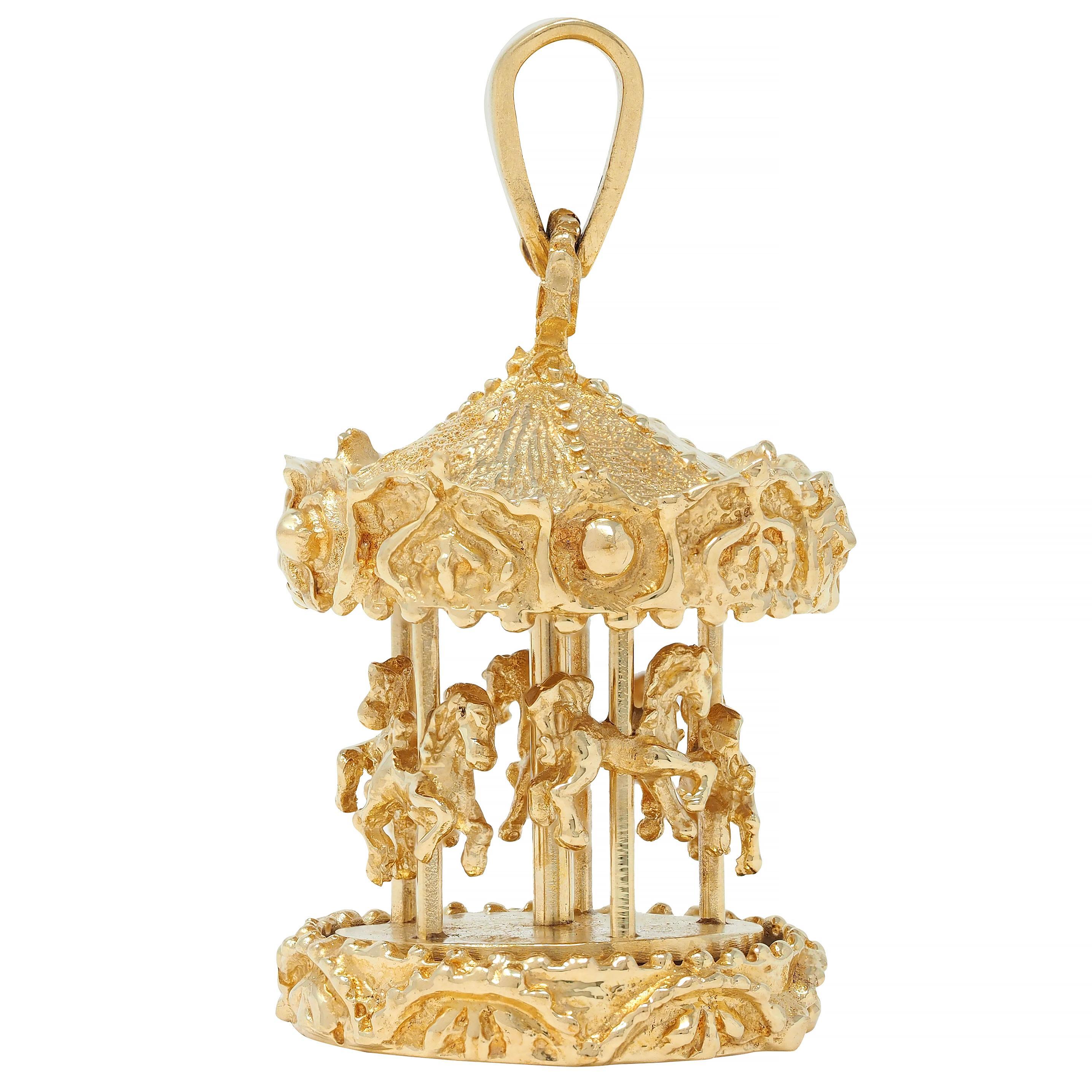 Women's or Men's 1960's 14 Karat Yellow Gold Vintage Spinning Carousel Pendant For Sale