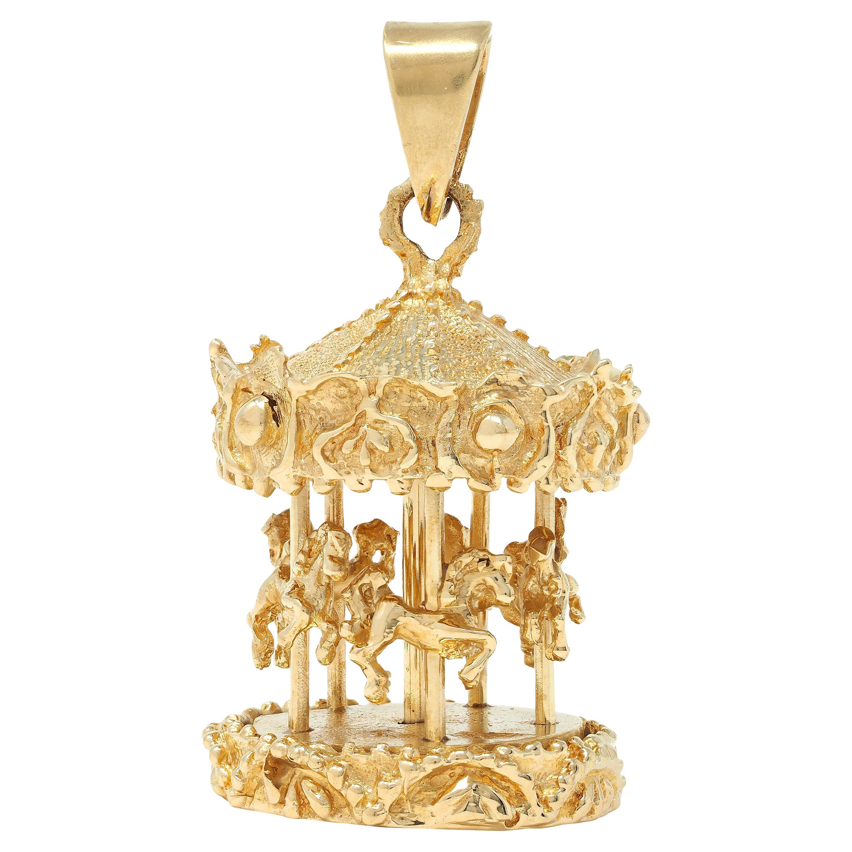 1960's 14 Karat Yellow Gold Vintage Spinning Carousel Pendant For Sale