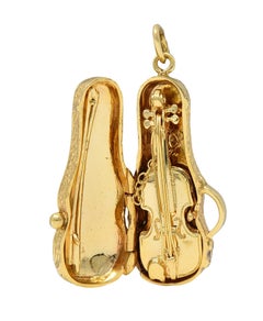Colgante Colgante Violín Vintage En Estuche Oro Amarillo 14 Kilates Años 60