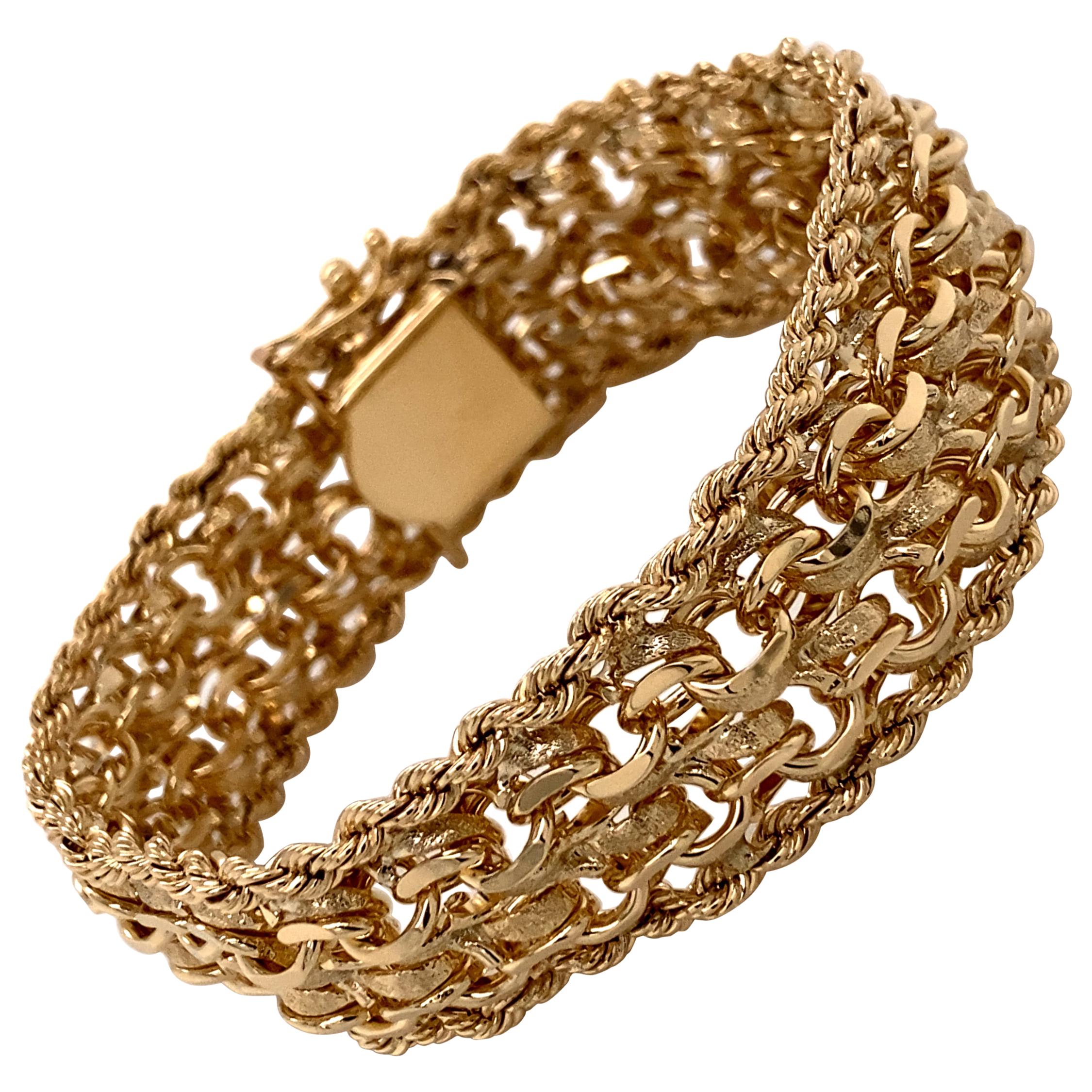 Bracelet à breloques larges en or jaune 14 carats avec bord en corde, années 1960