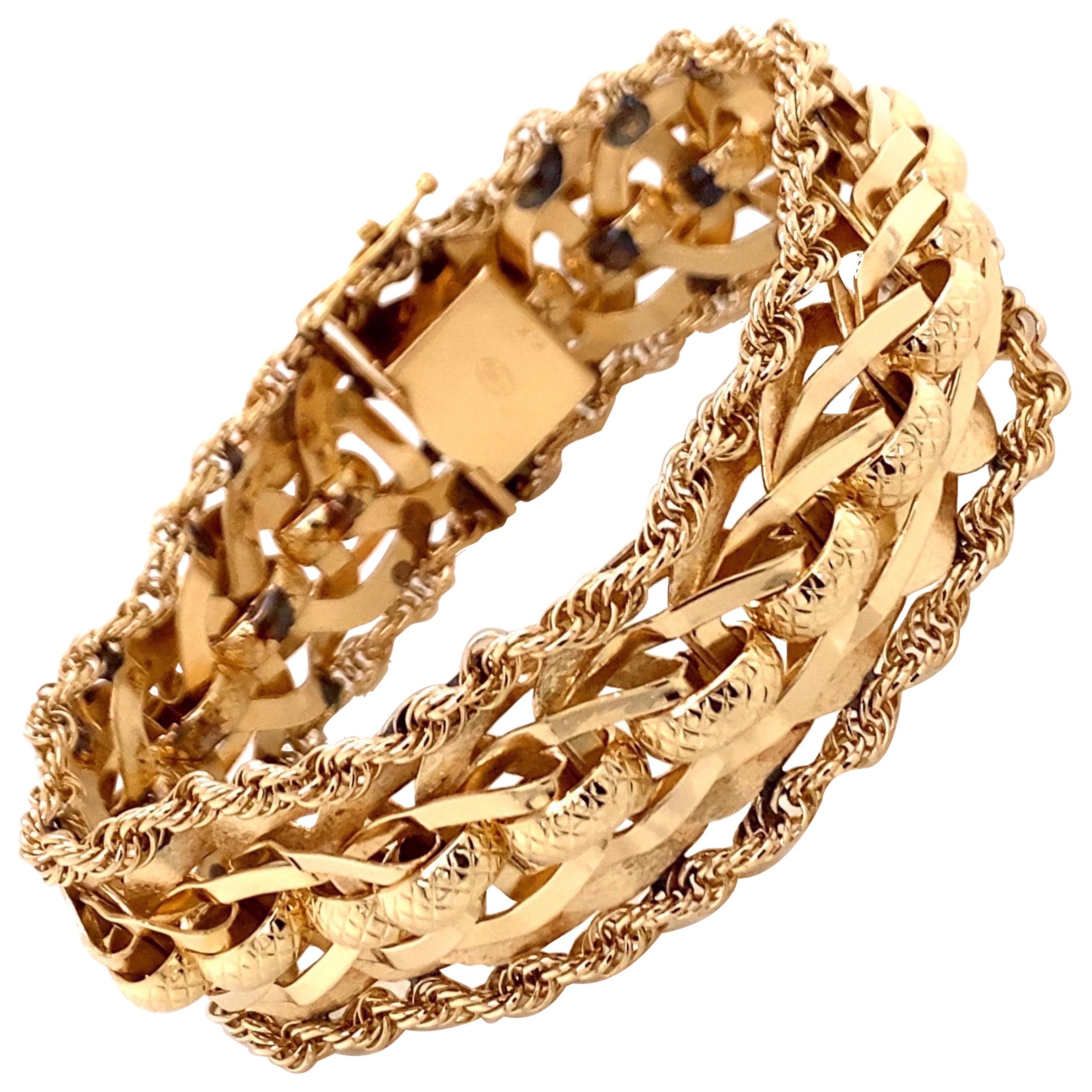 1960s 14 Karat Yellow Gold Wide Link Bracelet with Rope Edge For Sale