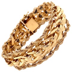 1960s 14 Karat Yellow Gold Wide Link Bracelet with Rope Edge