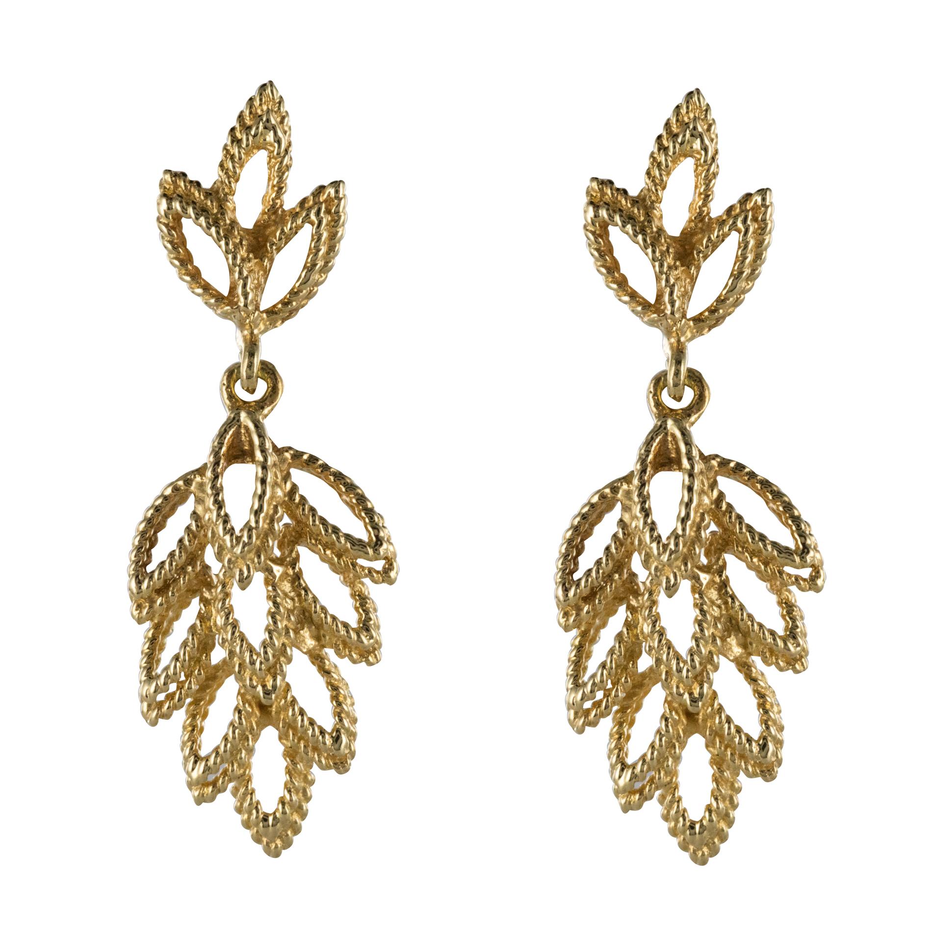 1960s 14 Karat Yellow Gold Leaf Shaped Dangle Earrings