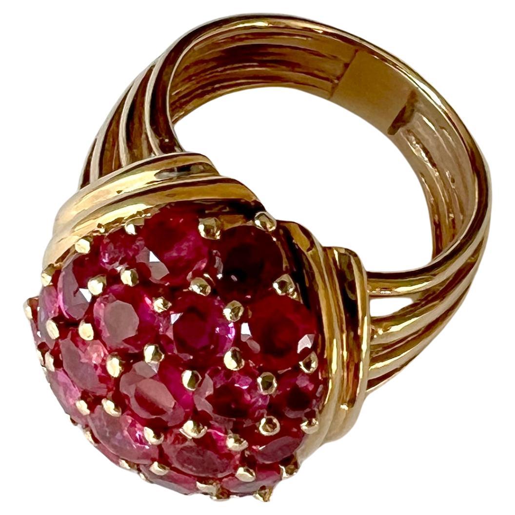 Modernist 1960s 14K Gold and Pave Rubies Bombe Cocktail Ring For Sale
