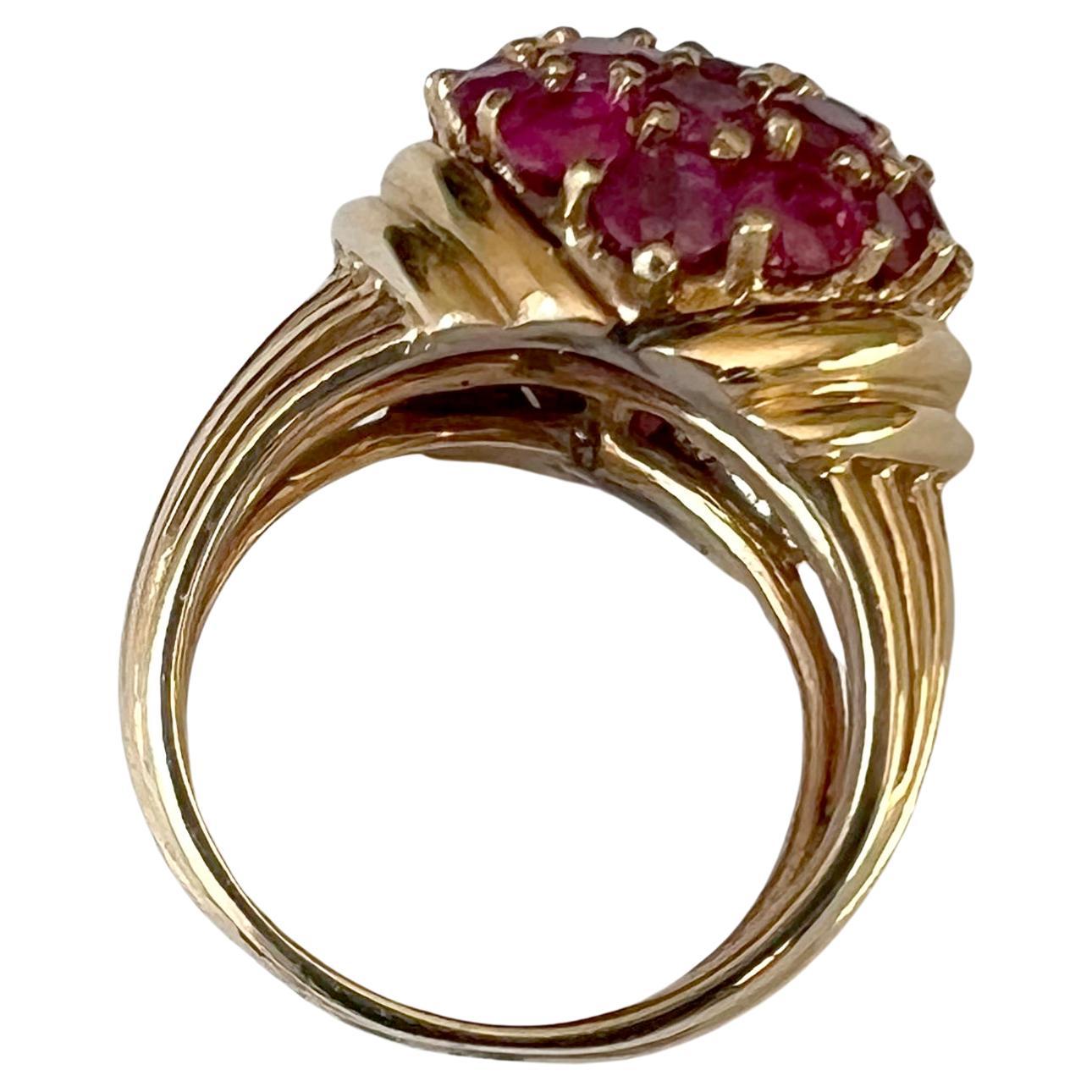 Round Cut 1960s 14K Gold and Pave Rubies Bombe Cocktail Ring For Sale