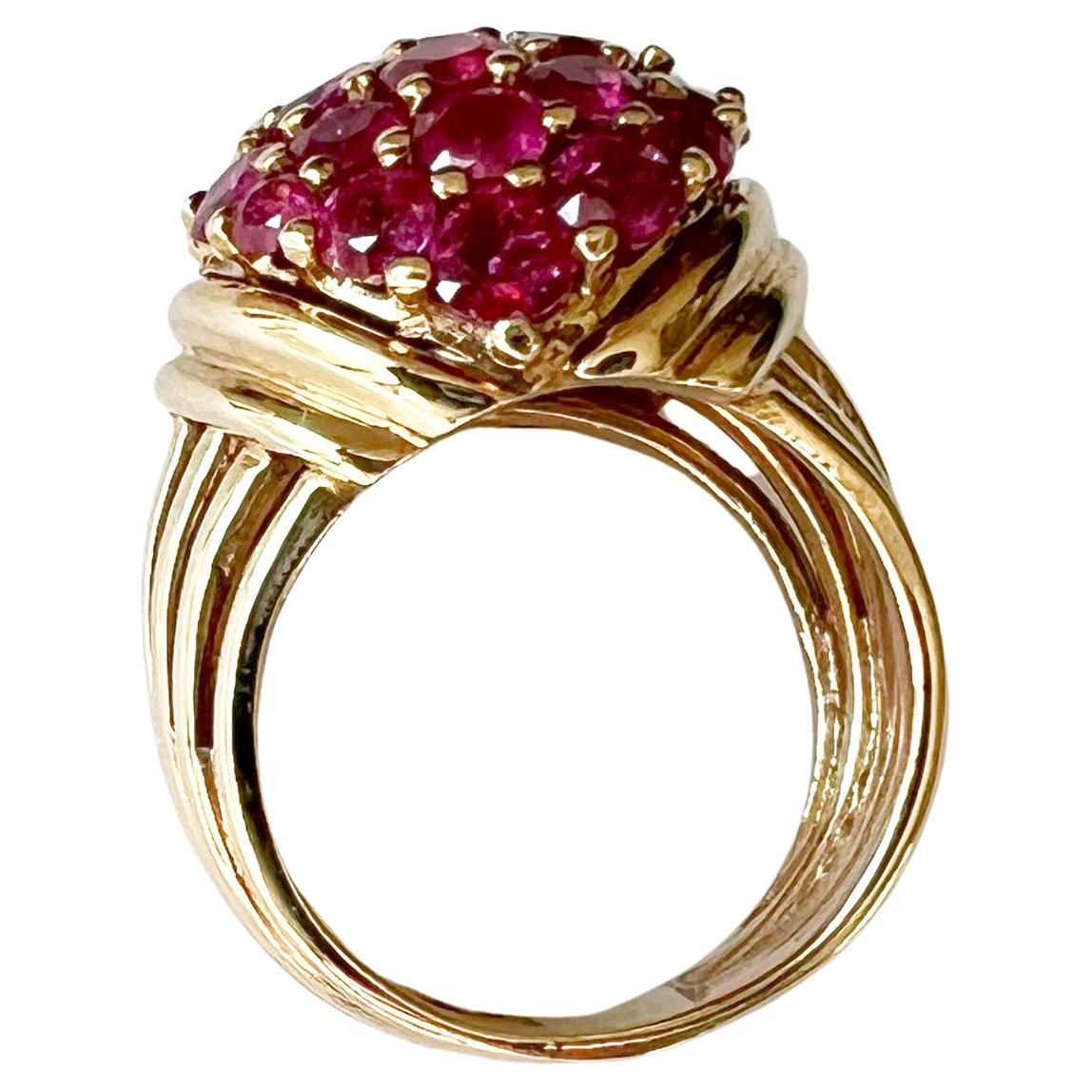 Women's 1960s 14K Gold and Pave Rubies Bombe Cocktail Ring For Sale