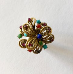 1960s 14 Karat Gold Garnet Turquoise Lapis Multi Gemstone Flower Cocktail Ring
