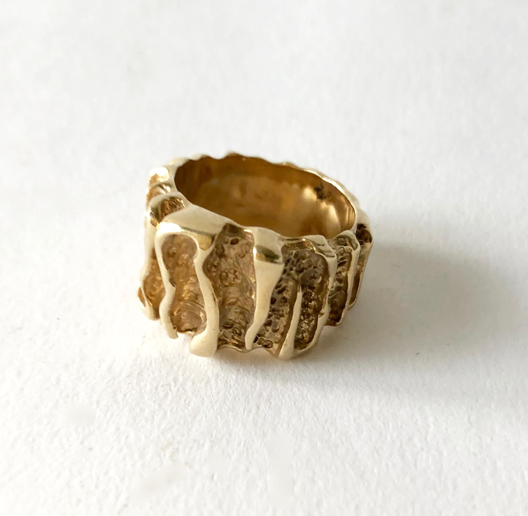 Modernist 1960s 14 Karat Gold Modern Brutalist Textured Wide Band Ring