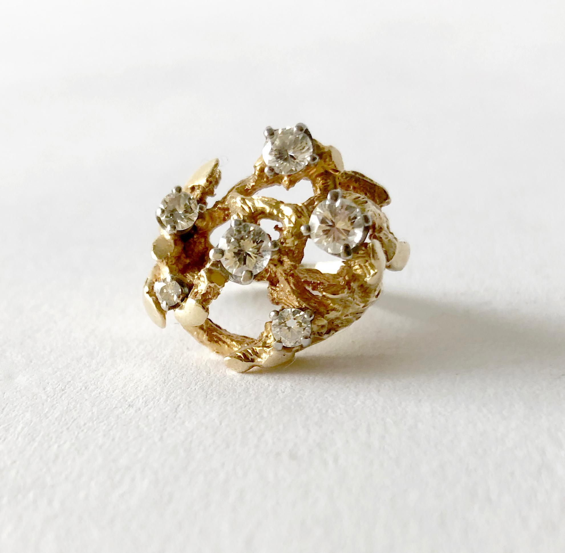 Round Cut 1960s 14 Karat Gold Six Diamond Branching Twigs Ring