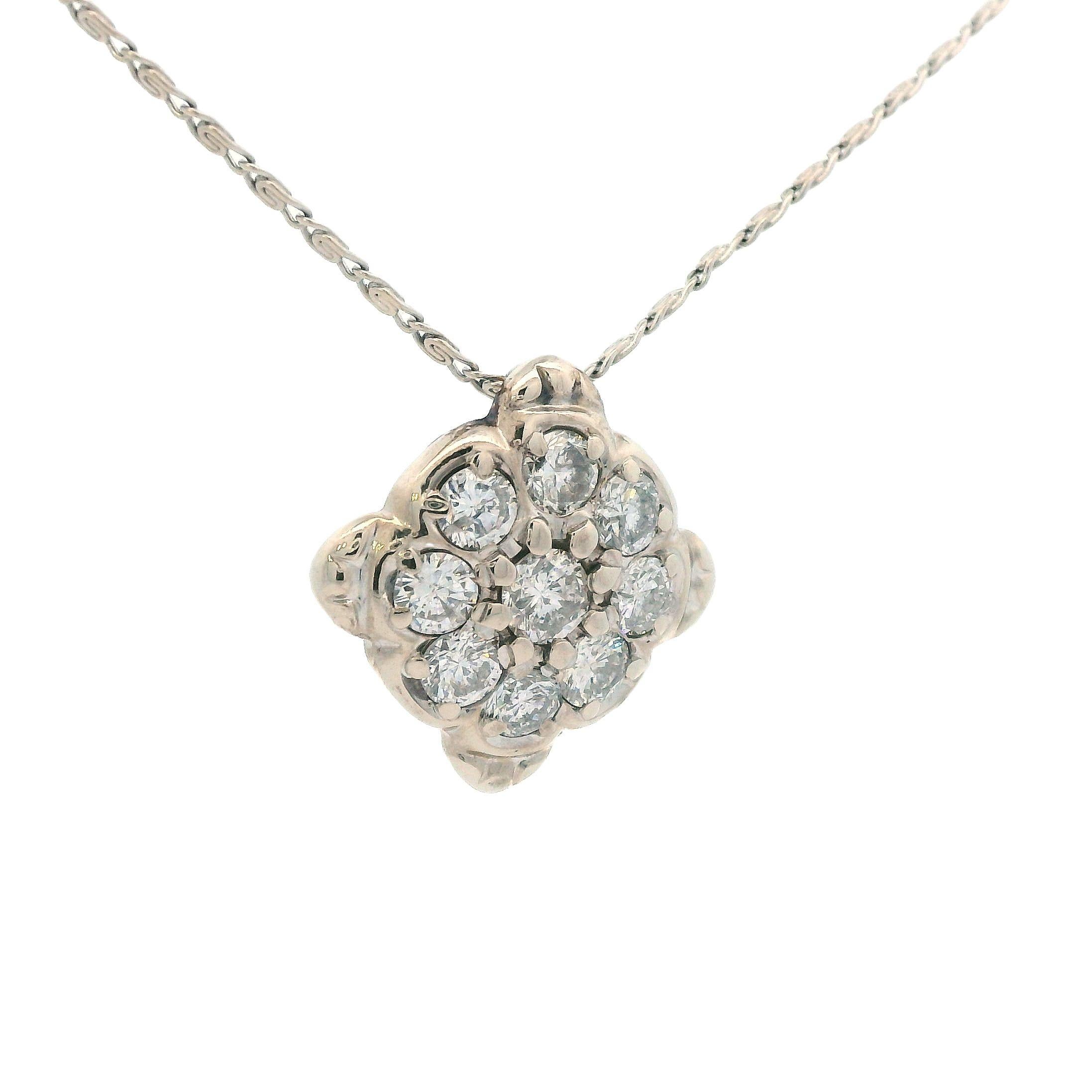 1960s 14k White Gold Diamond Cluster Pendant Necklace For Sale 2