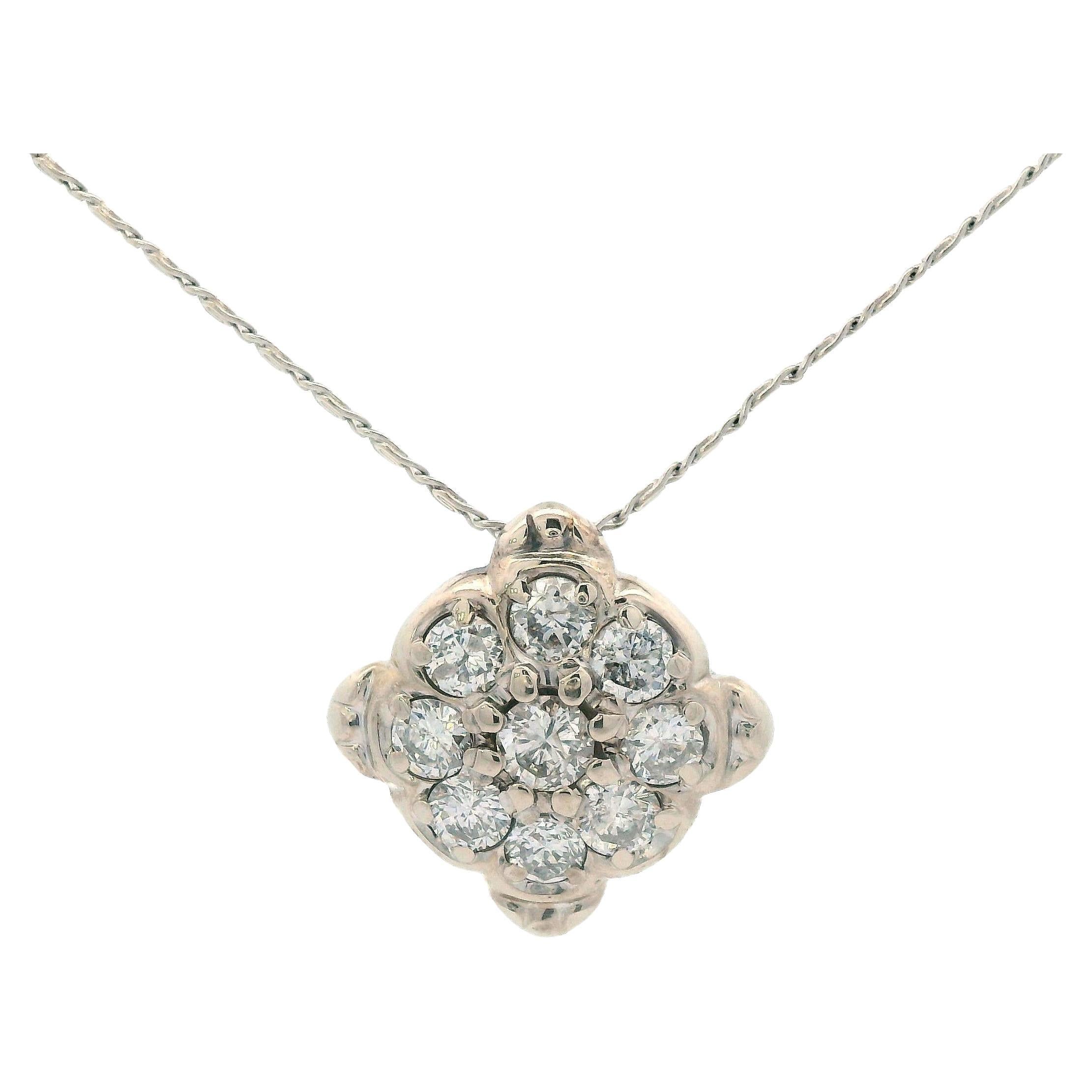 1960s 14k White Gold Diamond Cluster Pendant Necklace