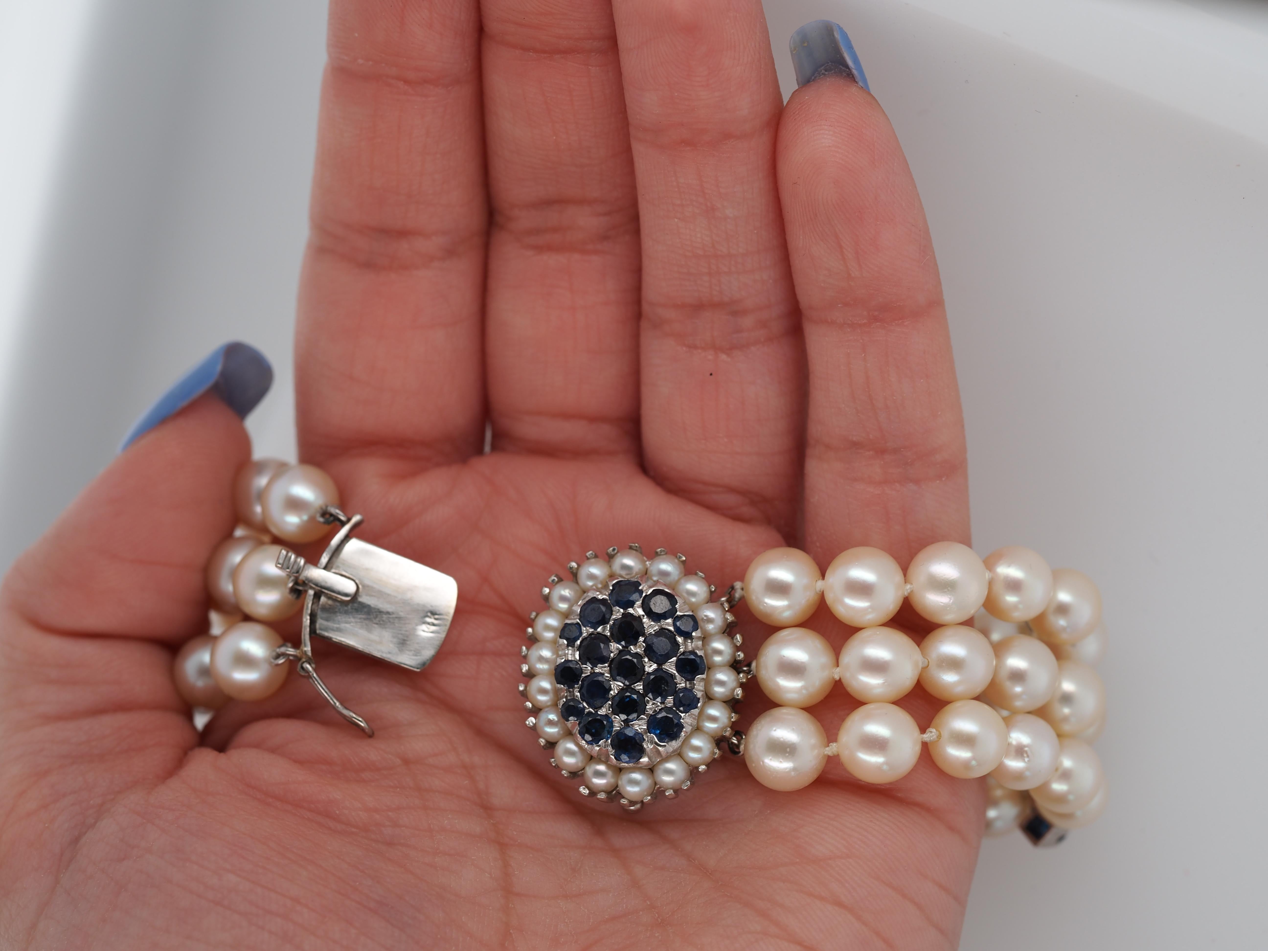 Women's or Men's 1960s 14k White Gold Pearl Bracelet with Natural Sapphires For Sale